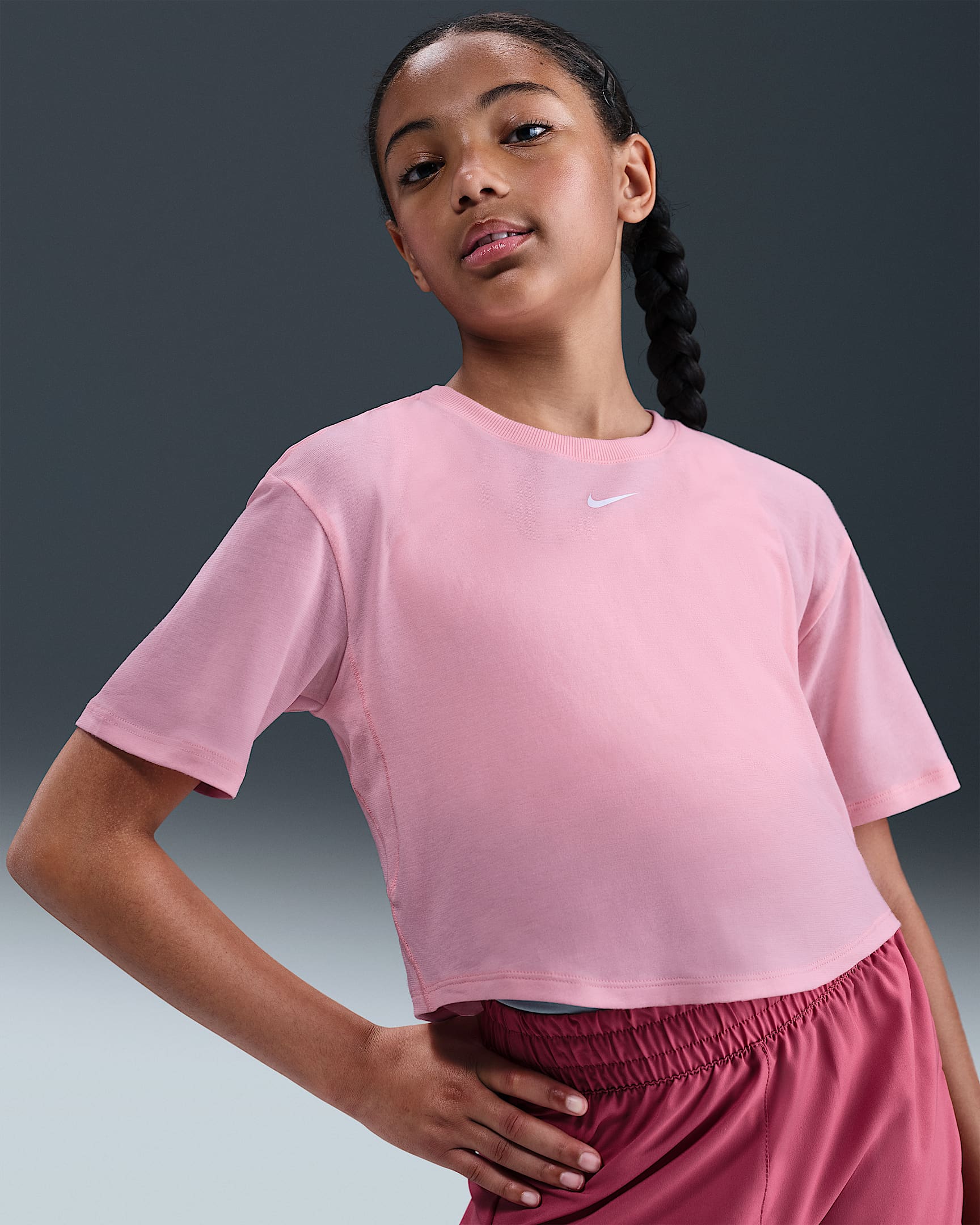 Nike One Relaxed Big Kids' (Girls') Dri-FIT Short-Sleeve Top - Medium Soft Pink/White