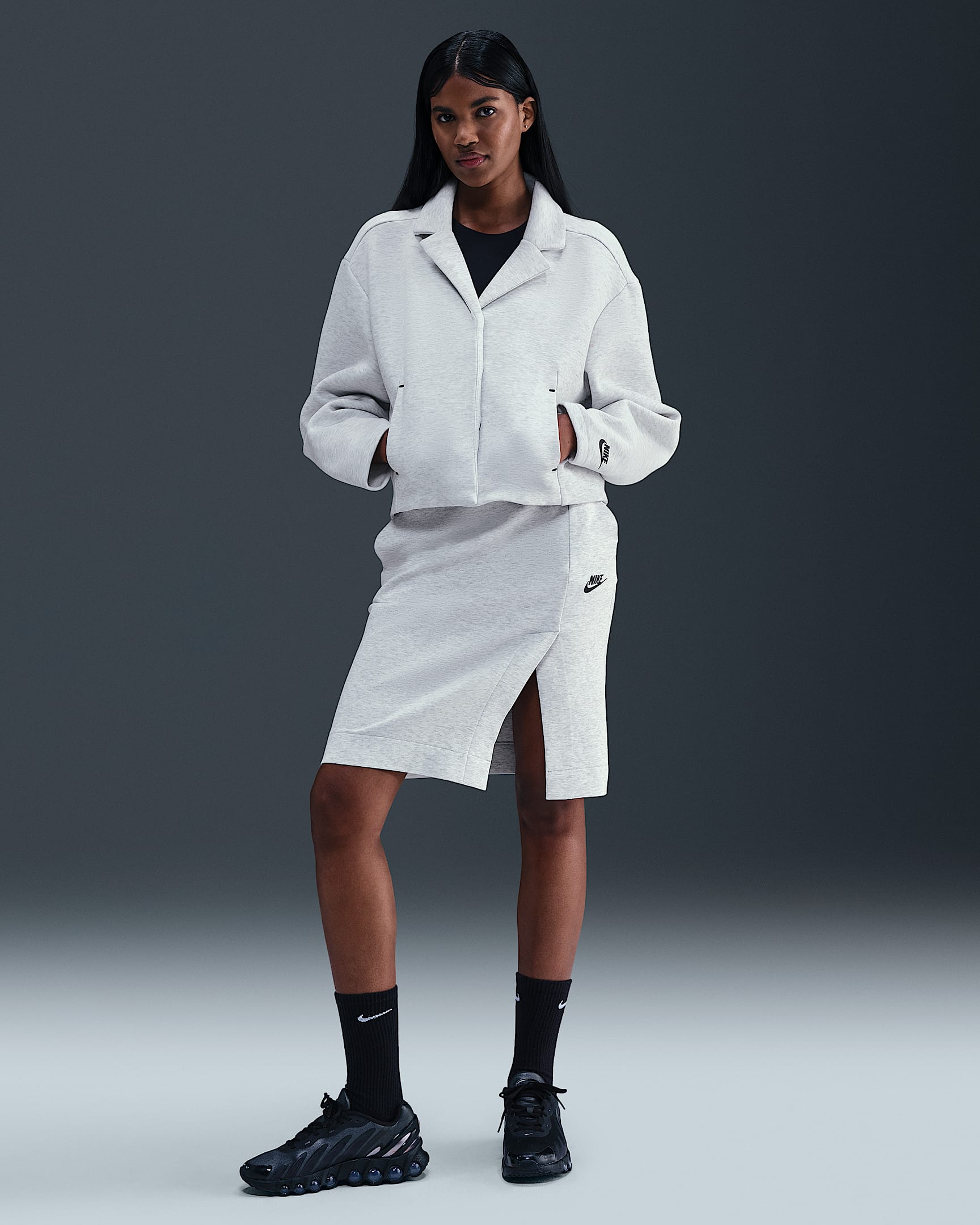 Falda midi para mujer Nike Sportswear Tech Fleece - Gris claro/Jaspeado/Negro