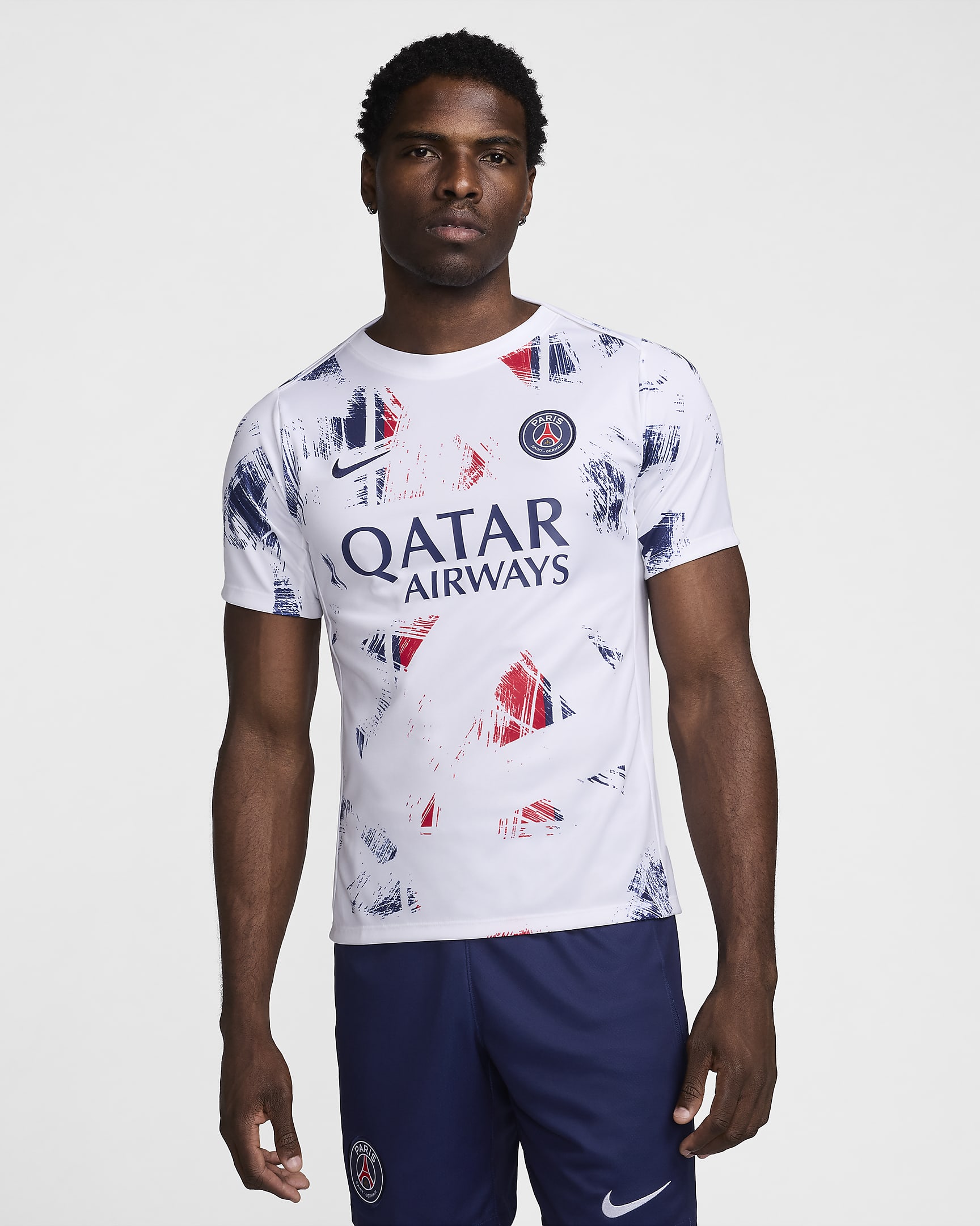 Męska przedmeczowa koszulka piłkarska z krótkim rękawem Nike Dri-FIT Paris Saint-Germain Academy Pro (wersja wyjazdowa) - Biel/Midnight Navy/Midnight Navy