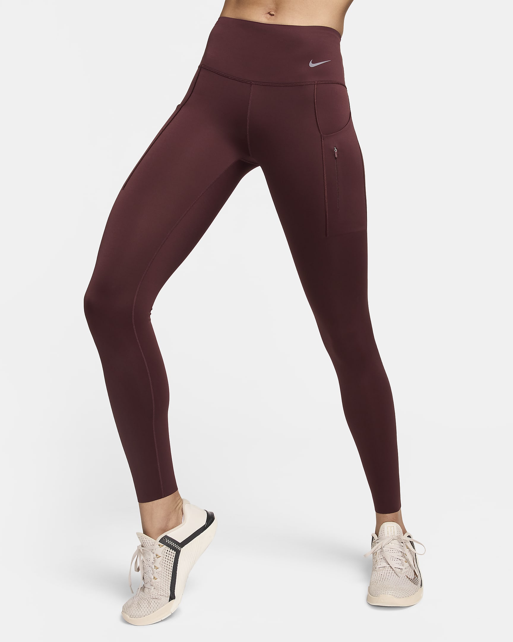 Leggings a tutta lunghezza a vita media con tasche e sostegno elevato Nike Go – Donna - Burgundy Crush/Nero