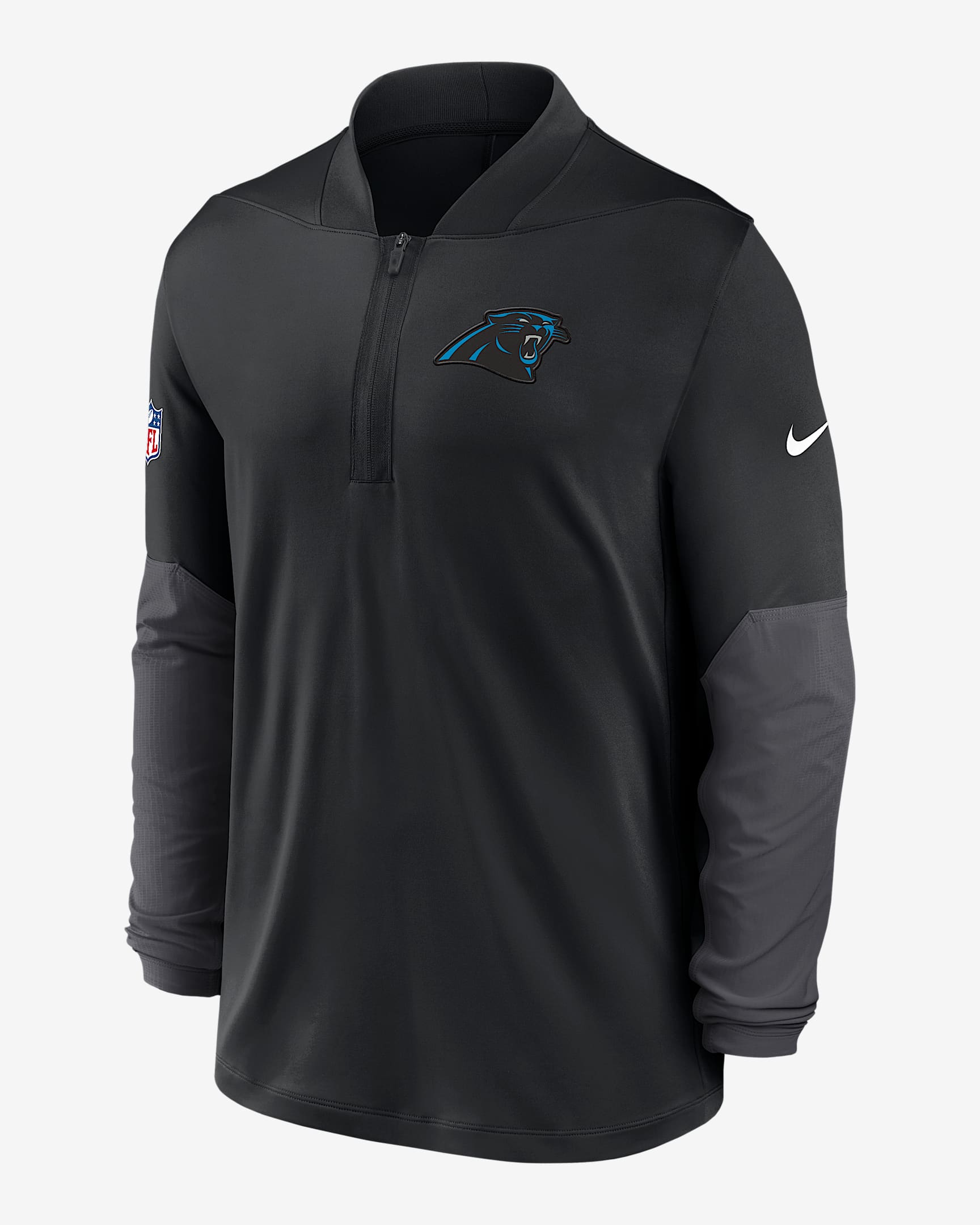 Playera Nike Dri-FIT de la NFL de medio cierre para hombre Carolina Panthers Feel The Pressure - Negro
