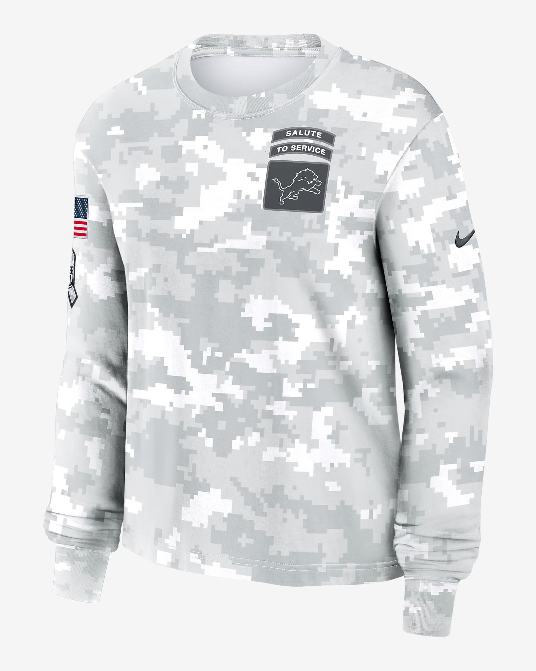 Detroit Lions Salute to Service Edge Lockup Women's Nike Dri-FIT NFL Long-Sleeve T-Shirt - White