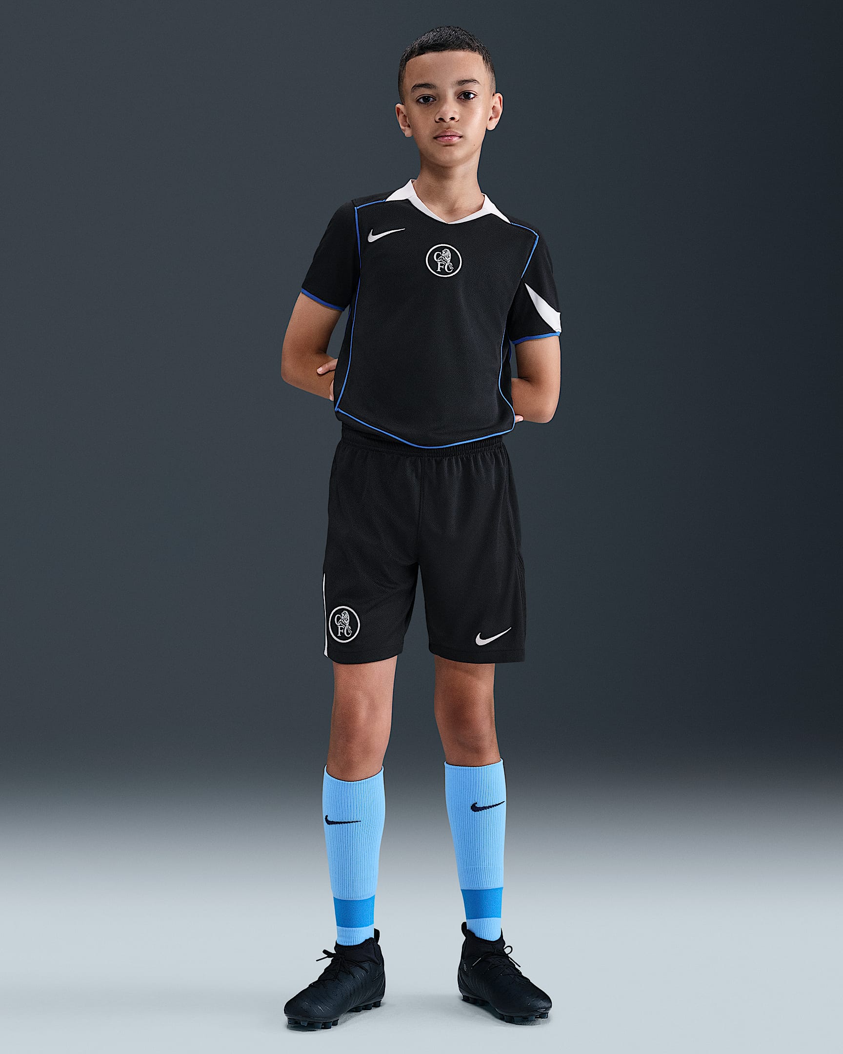 Shorts da calcio replica Nike Dri-FIT Total 90 Chelsea FC 2025/26 Stadium per ragazzo/a – Terza - Nero/Field Silver/Field Silver