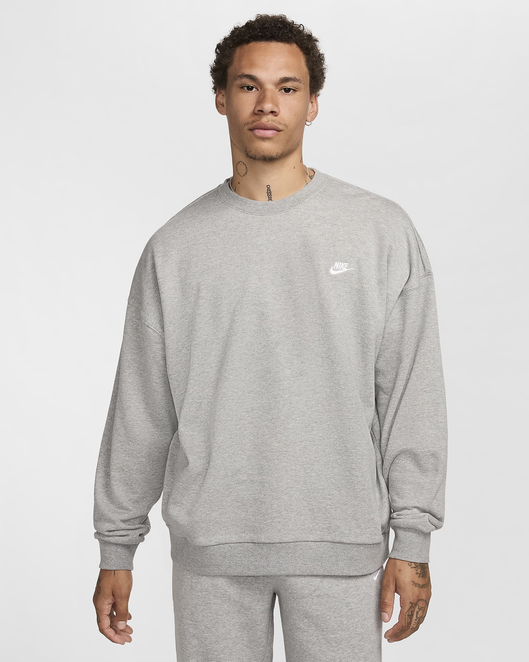 Nike Club Fleece Men's Oversized French Terry Crew - Dark Grey Heather/Light Smoke Grey/White