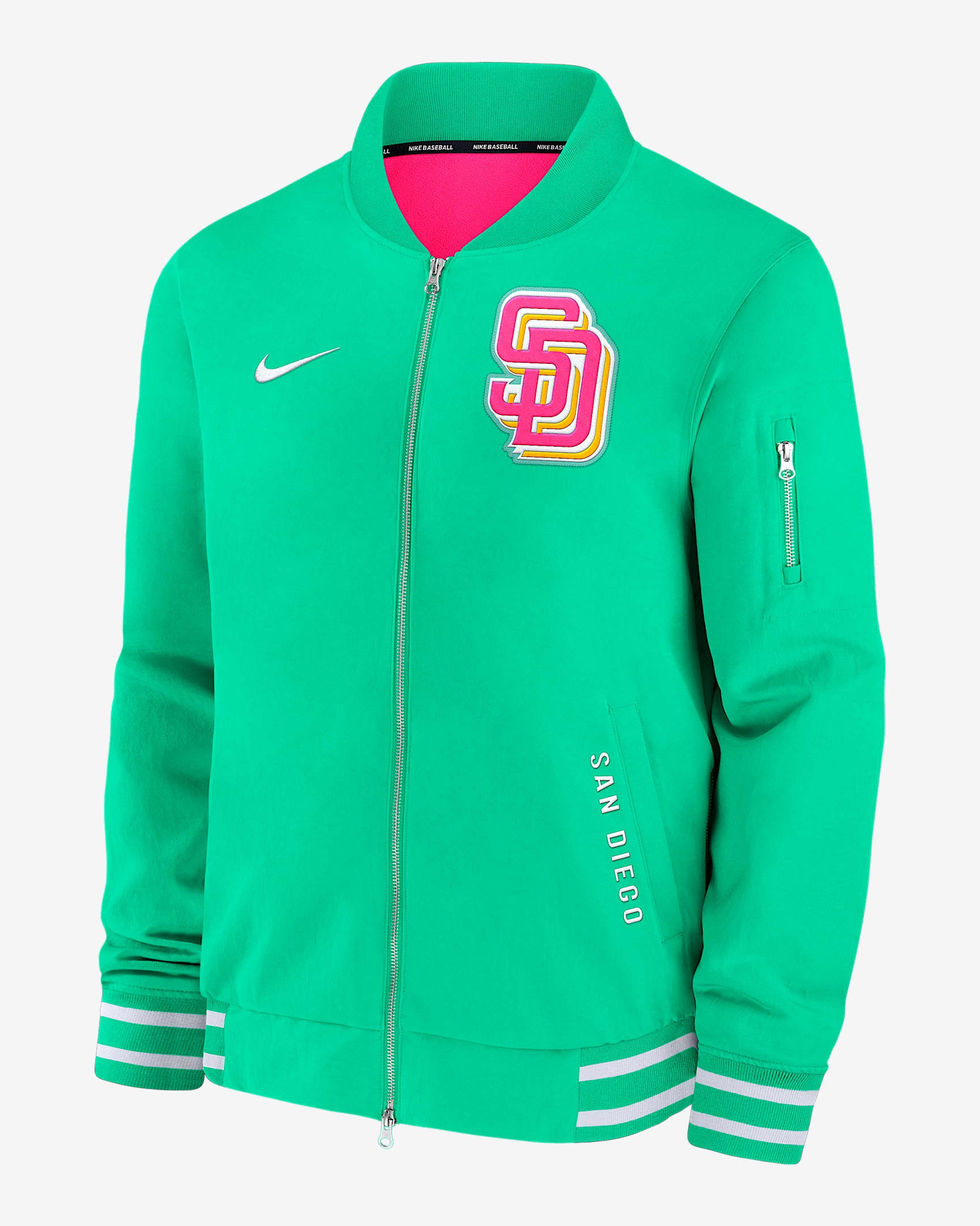 Chamarra bomber Nike de la MLB de cierre completo para hombre San Diego Padres Authentic Collection City Connect - Verde