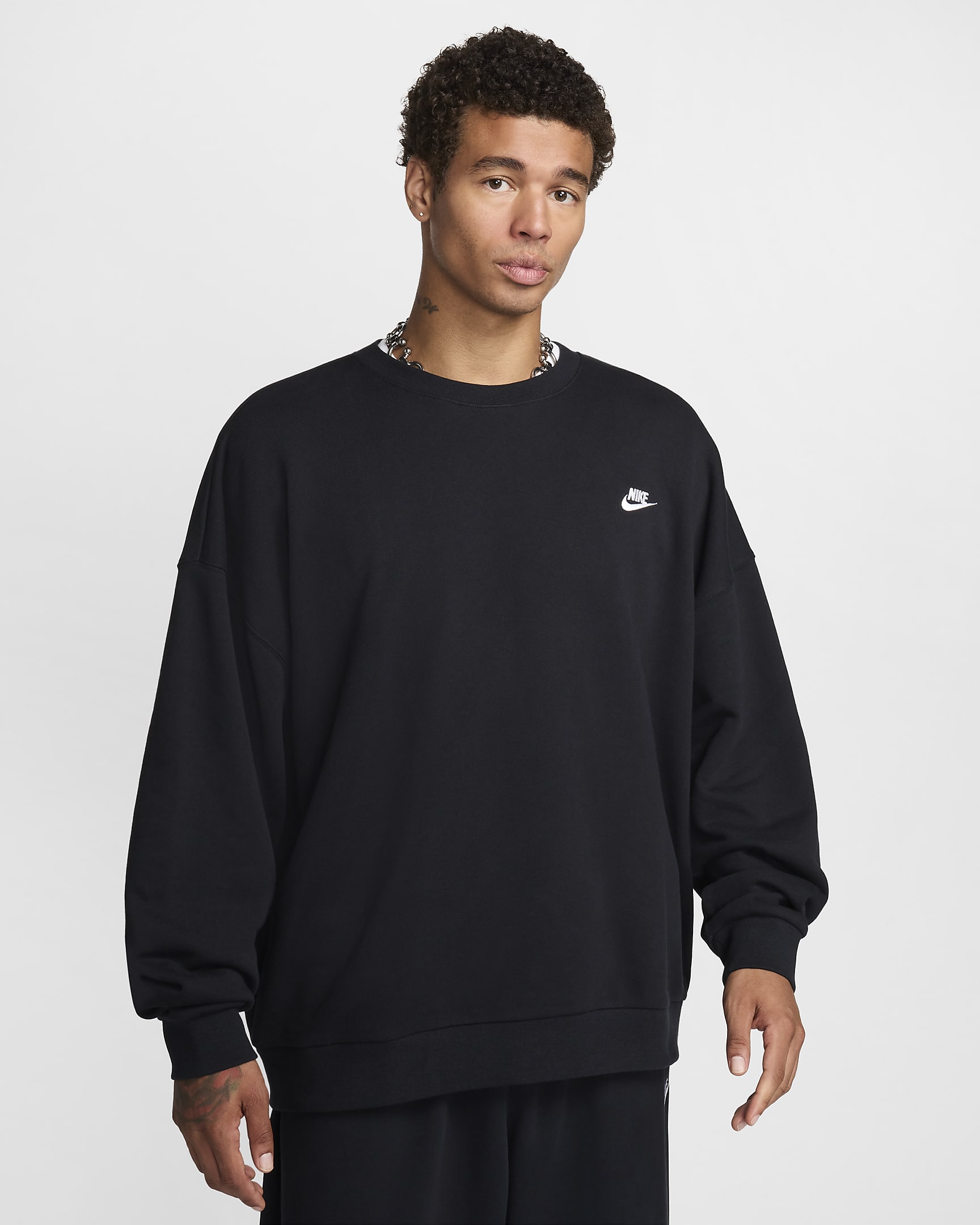 Nike Club Fleece Men's Oversized French Terry Crew - Black/Black/White