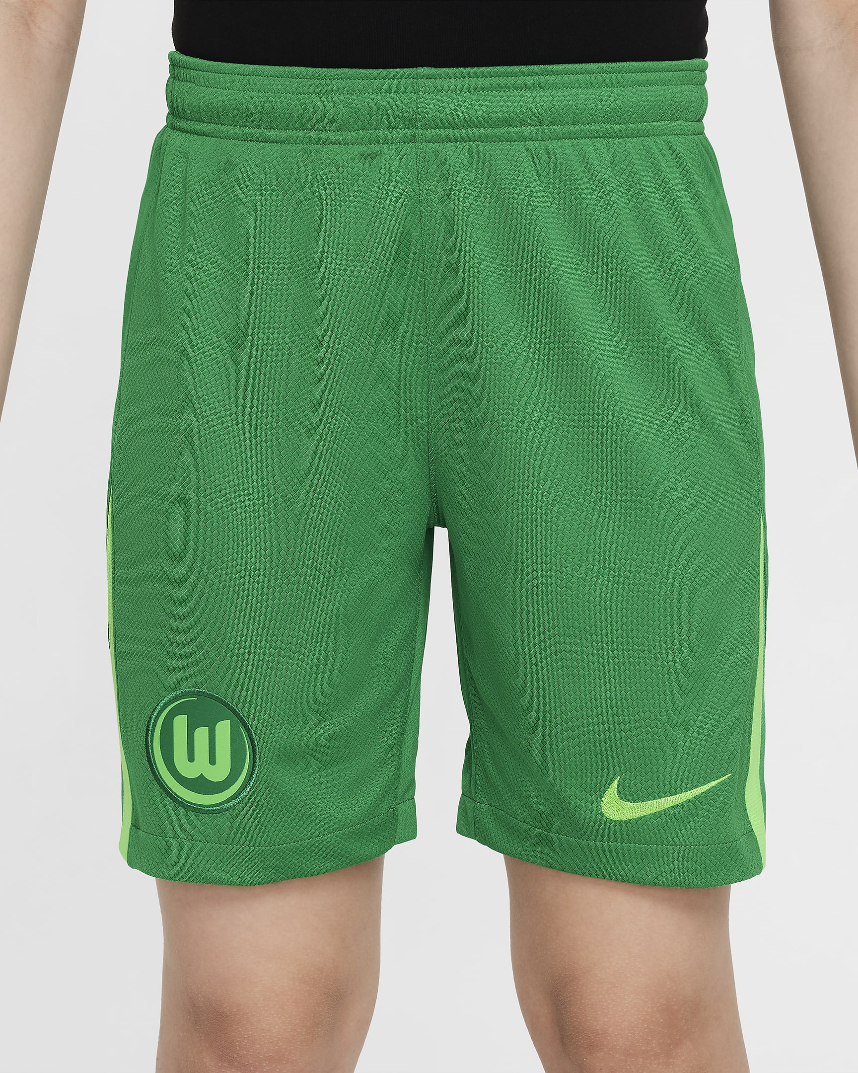 Primera y segunda equipación Stadium VfL Wolfsburgo 2024/25 Pantalón corto de fútbol de réplica Nike Dri-FIT - Niño/a - Lucky Green/Blanco/Sub Lime