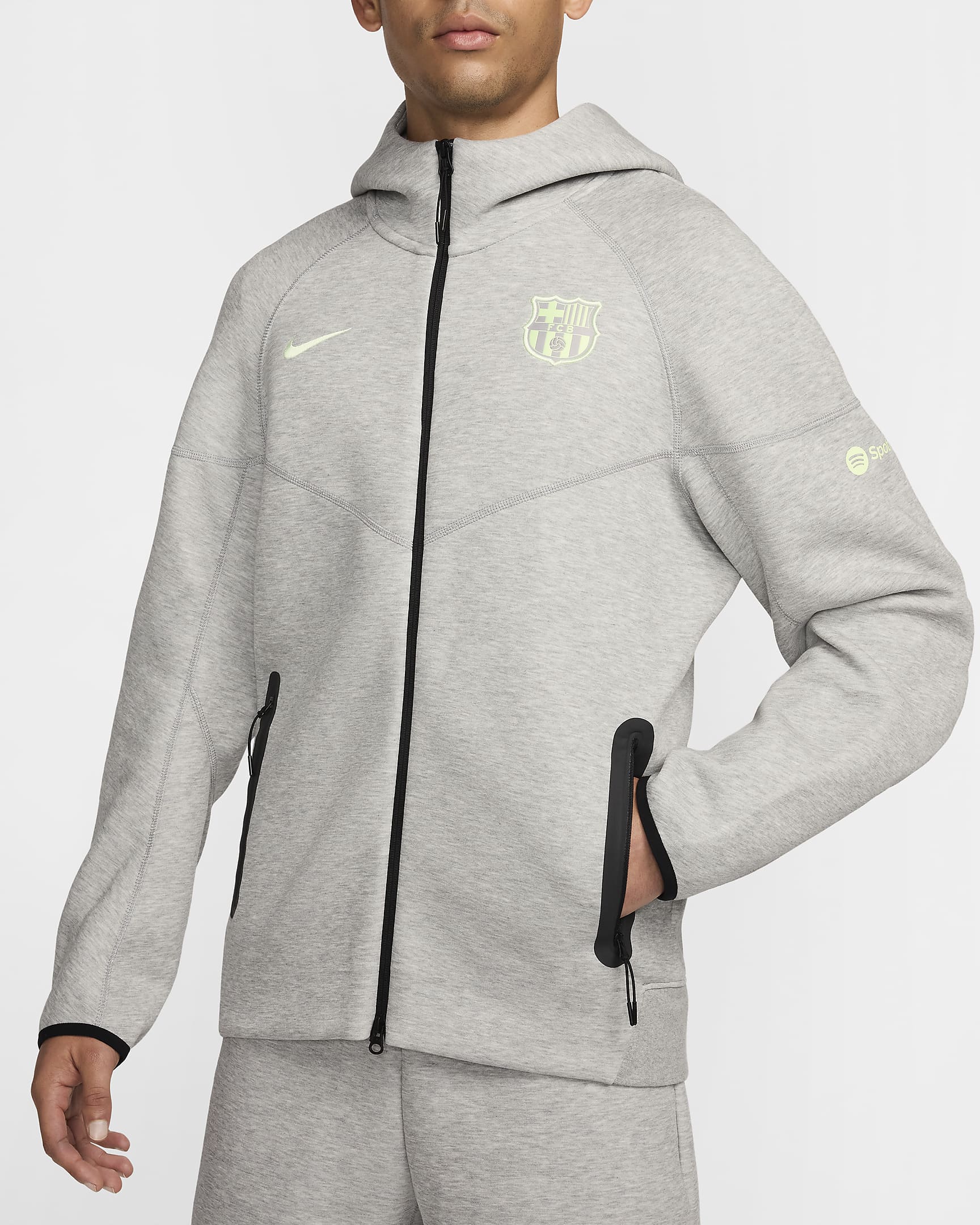 Męska piłkarska bluza z kapturem i zamkiem na całej długości Nike FC Barcelona Tech Fleece Windrunner (wersja trzecia) - Dark Grey Heather/Barely Volt