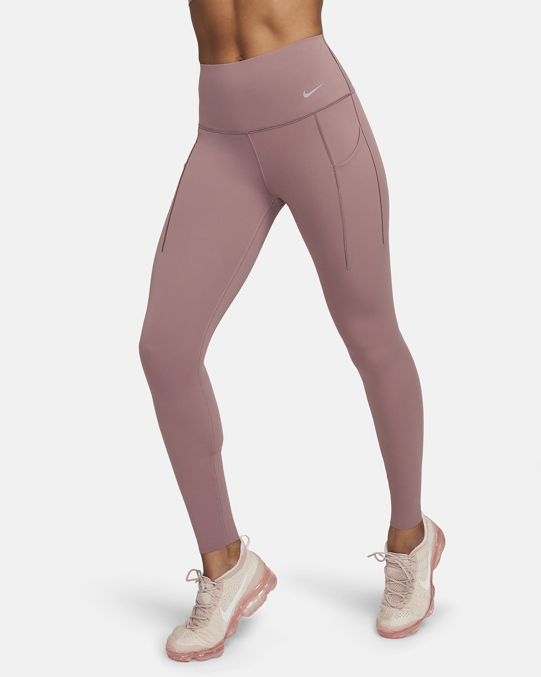 Nike Universa Lange legging met hoge taille, zakken en medium ondersteuning voor dames - Smokey Mauve/Zwart