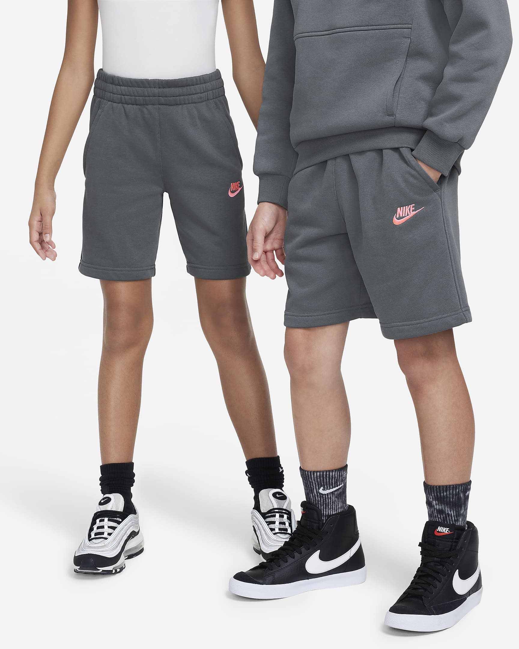 Nike Sportswear Club Fleece Older Kids' French Terry Shorts - Iron Grey/Sunset Pulse