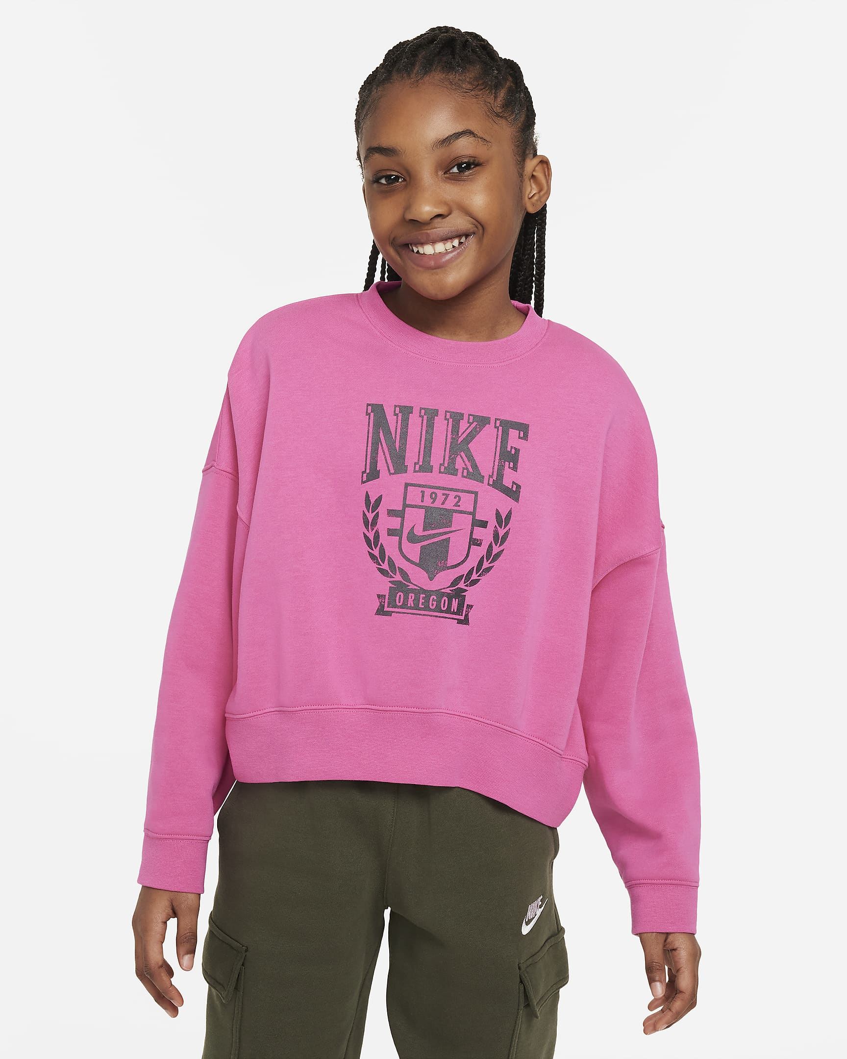 Bluza dresowa oversize z dzianiny z półokrągłym dekoltem dla dużych dzieci (dziewcząt) Nike Sportswear - Alchemy Pink