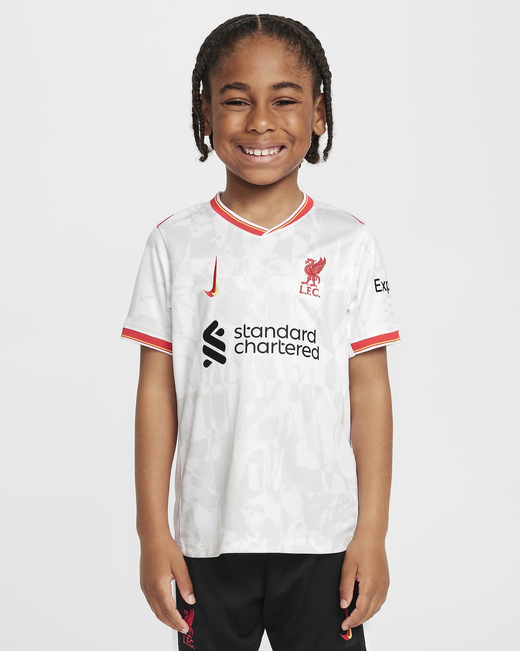 Replika fotbalové trojdílné soupravy Nike Liverpool FC Stadium 2024/25 pro malé děti, třetí - Bílá/Pure Platinum/Černá/Global Red