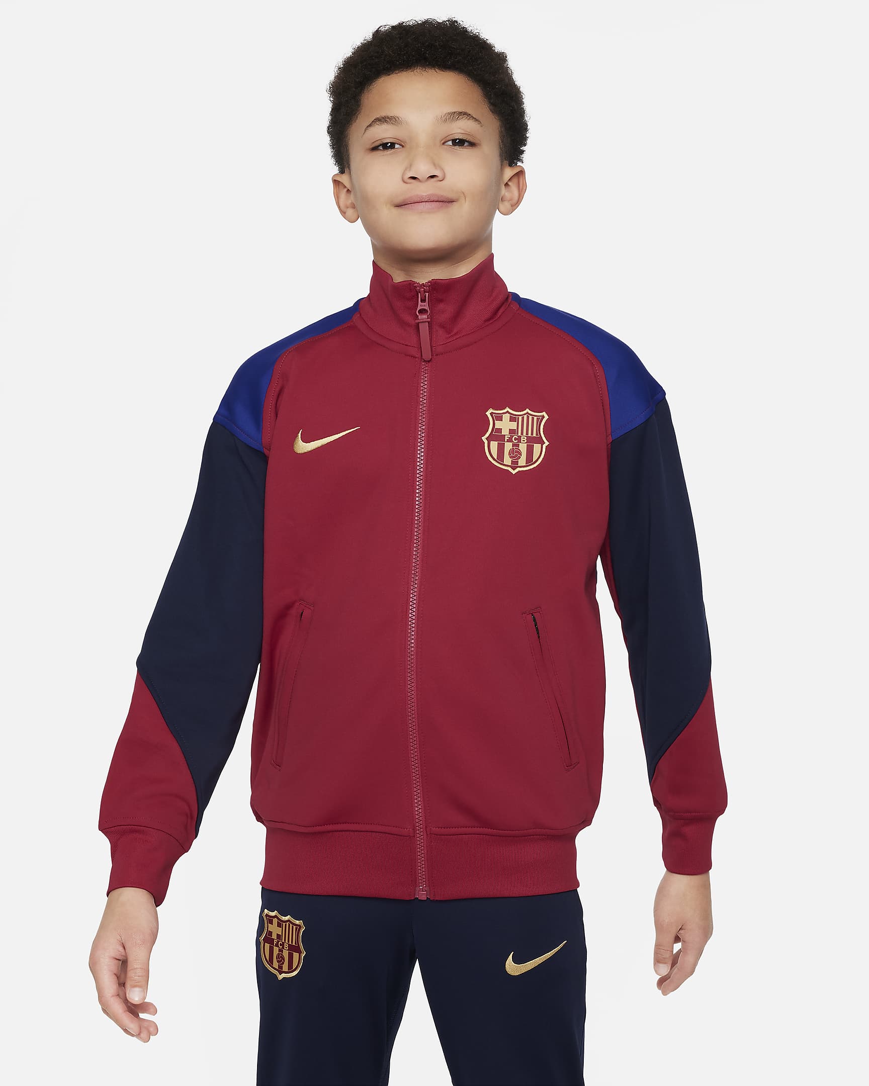 F.C. Barcelona Academy Pro Third Older Kids' Nike Dri-FIT Football Knit Jacket - Noble Red/Obsidian/Deep Royal Blue/Club Gold