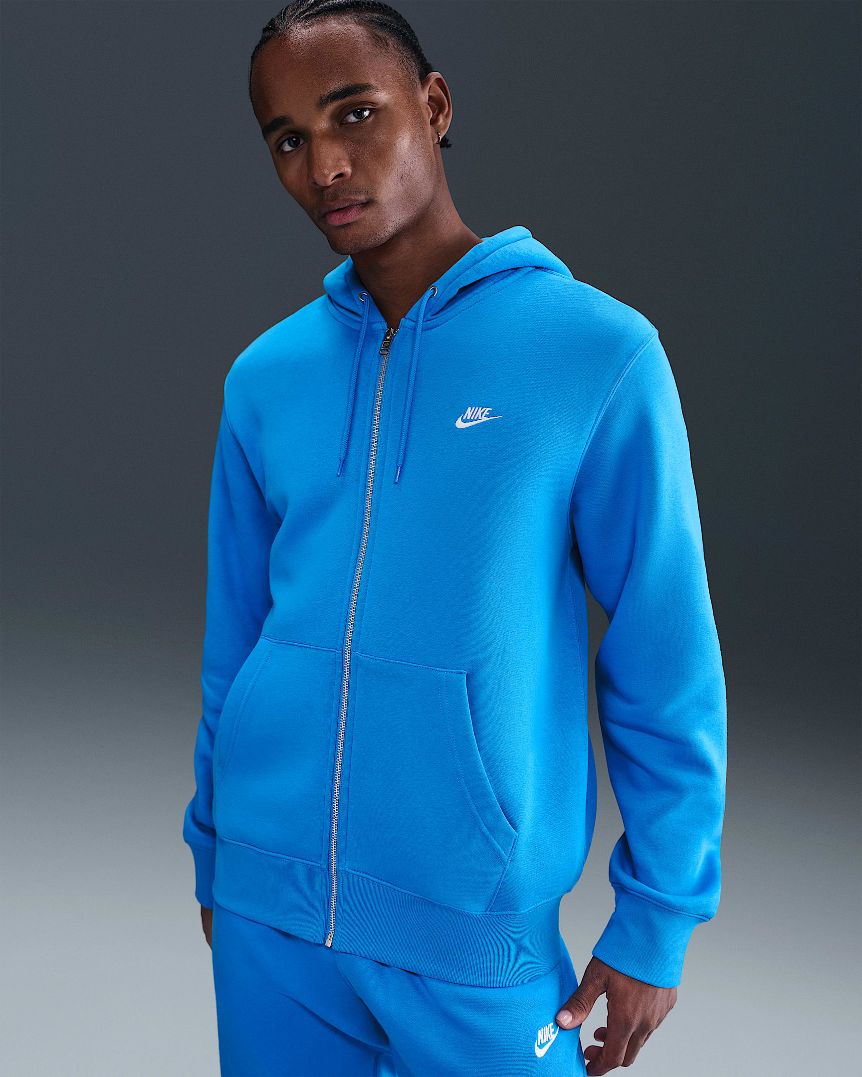 Nike Club Men's Full-Zip Fleece Hoodie - Light Photo Blue/Light Photo Blue/White