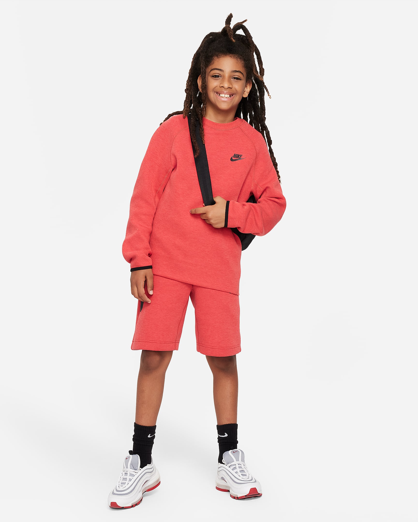 Nike Sportswear Tech Fleece Big Kids' (Boys') Sweatshirt - Light University Red Heather/Black/Black