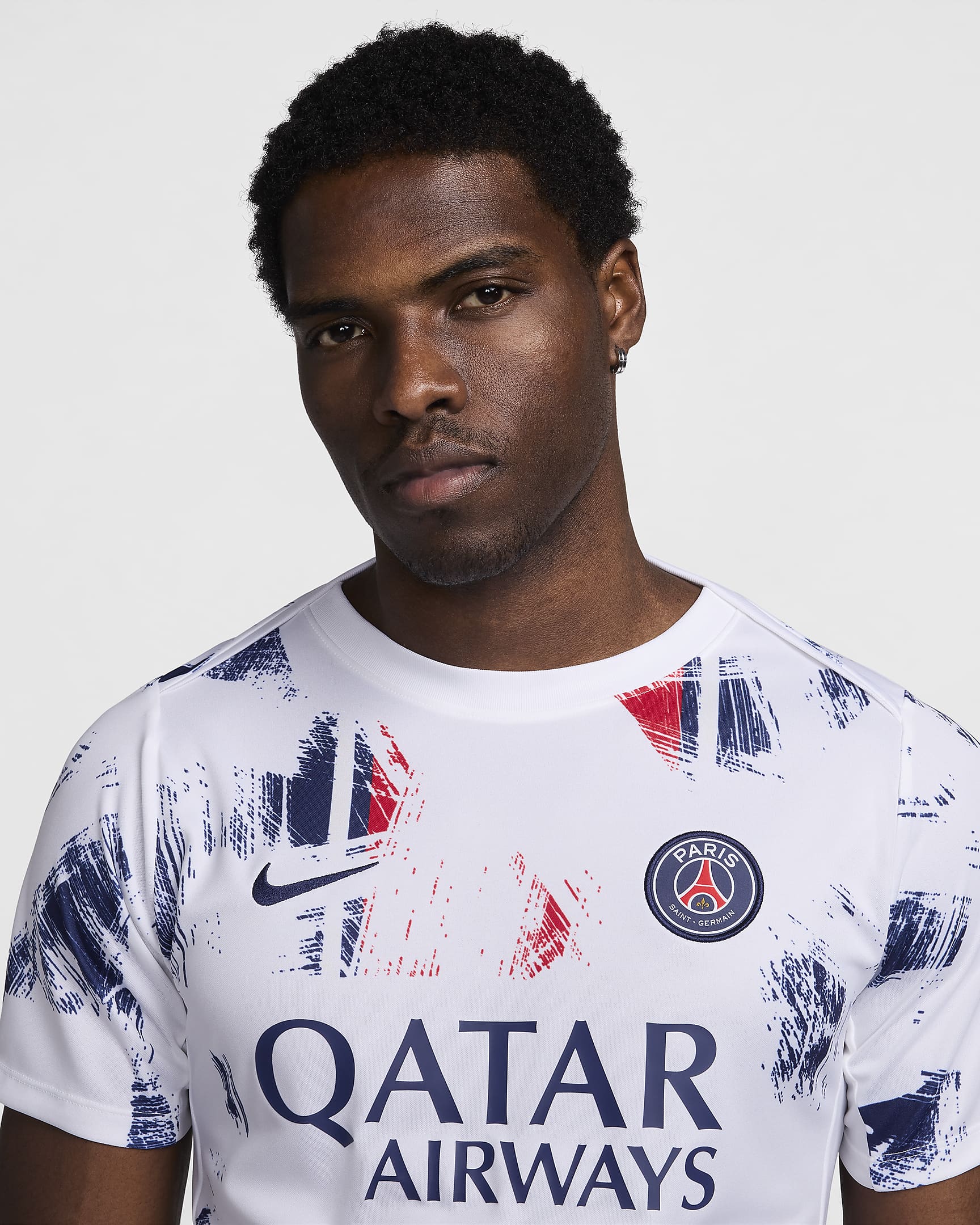 Męska przedmeczowa koszulka piłkarska z krótkim rękawem Nike Dri-FIT Paris Saint-Germain Academy Pro (wersja wyjazdowa) - Biel/Midnight Navy/Midnight Navy