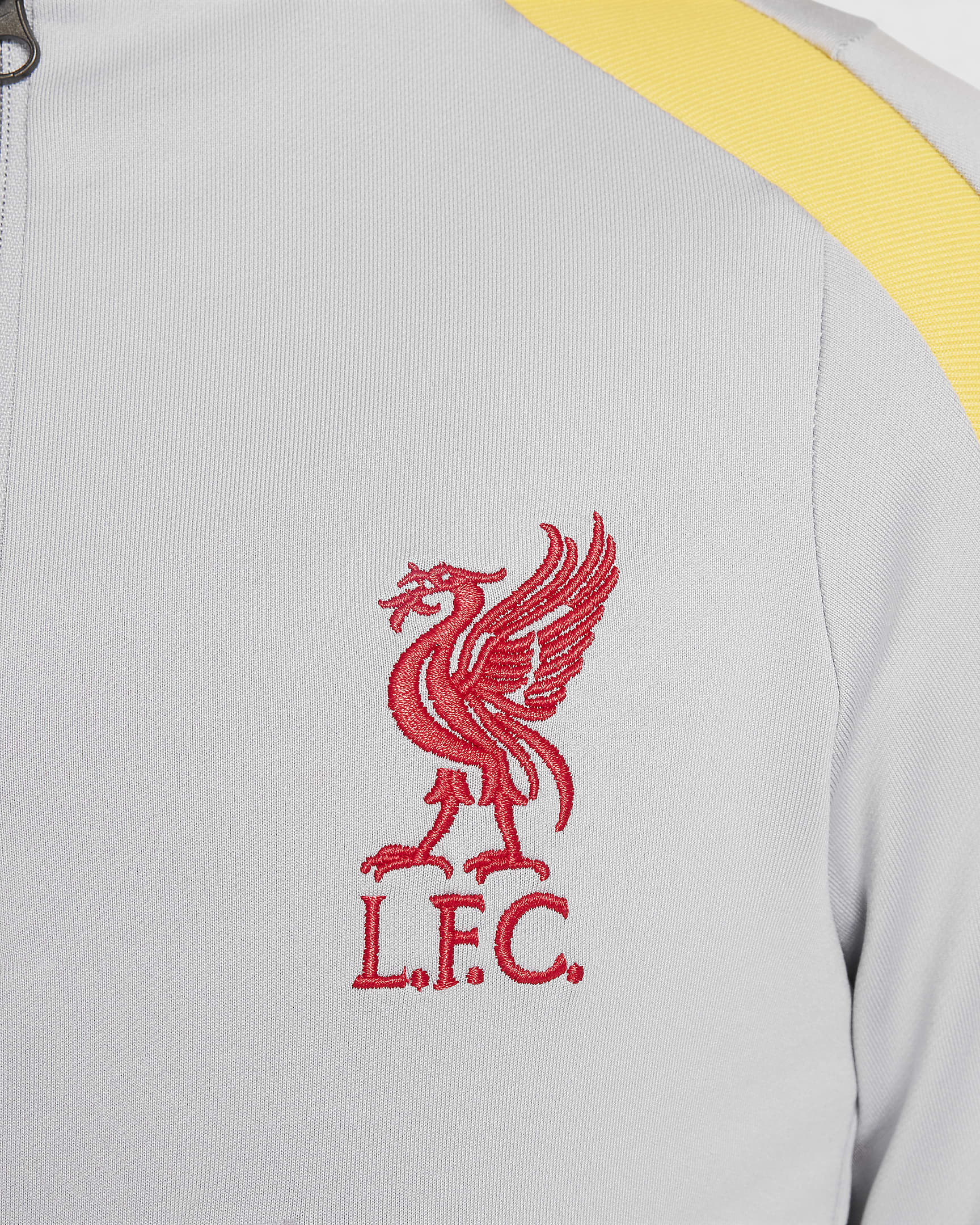 Maglia per allenamento Nike Football Dri-FIT Liverpool FC Strike per ragazzo/a – Terza - Light Smoke Grey/Chrome Yellow/Global Red