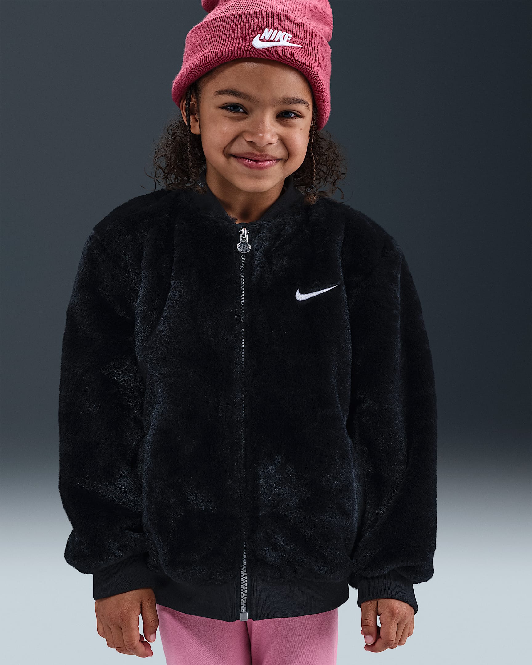 Nike Little Kids' Faux Fur Bomber Jacket - Black