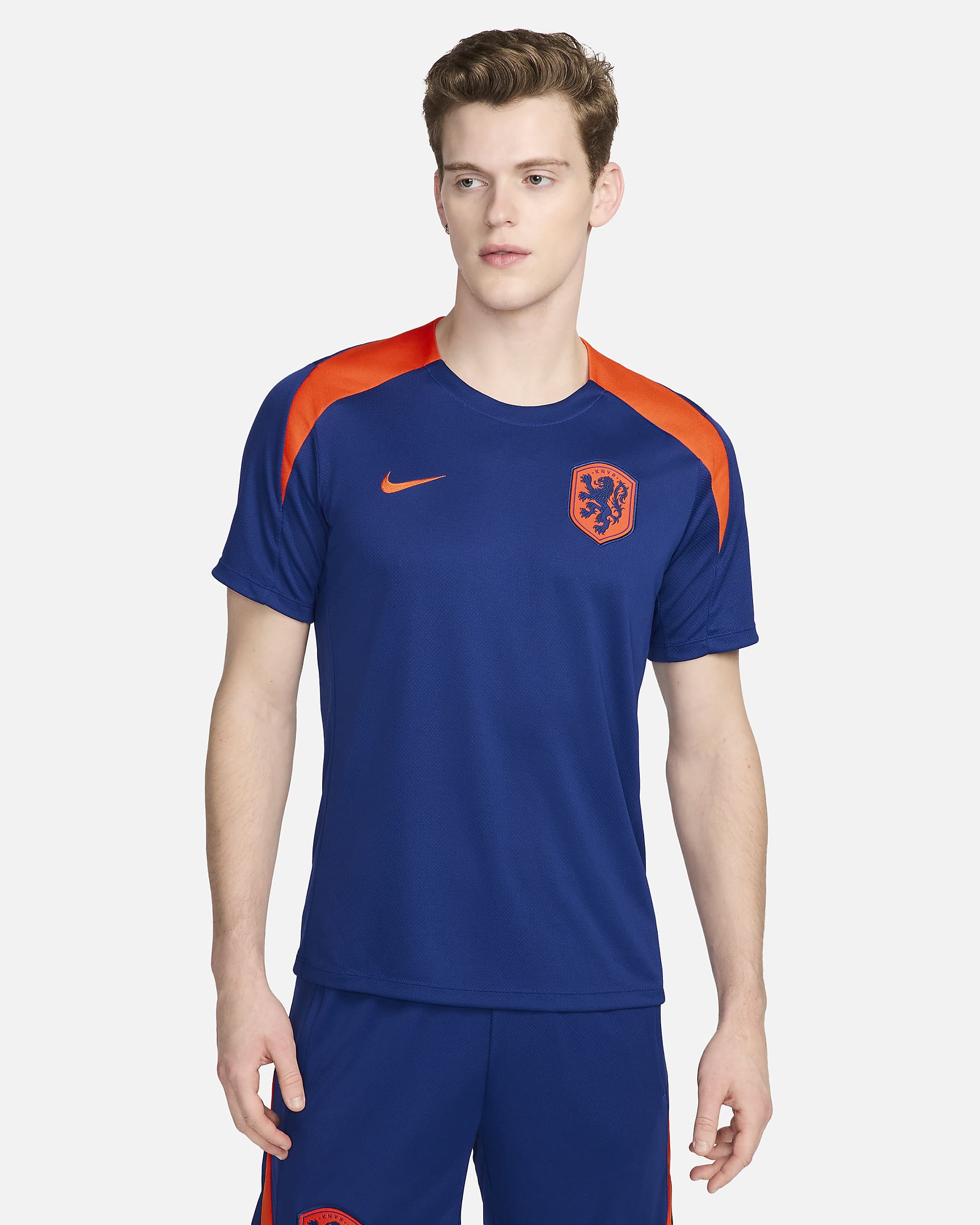 Netherlands Strike Nike Dri-FIT rövid ujjú, kötött férfi futballfelső - Deep Royal Blue/Safety Orange/Safety Orange