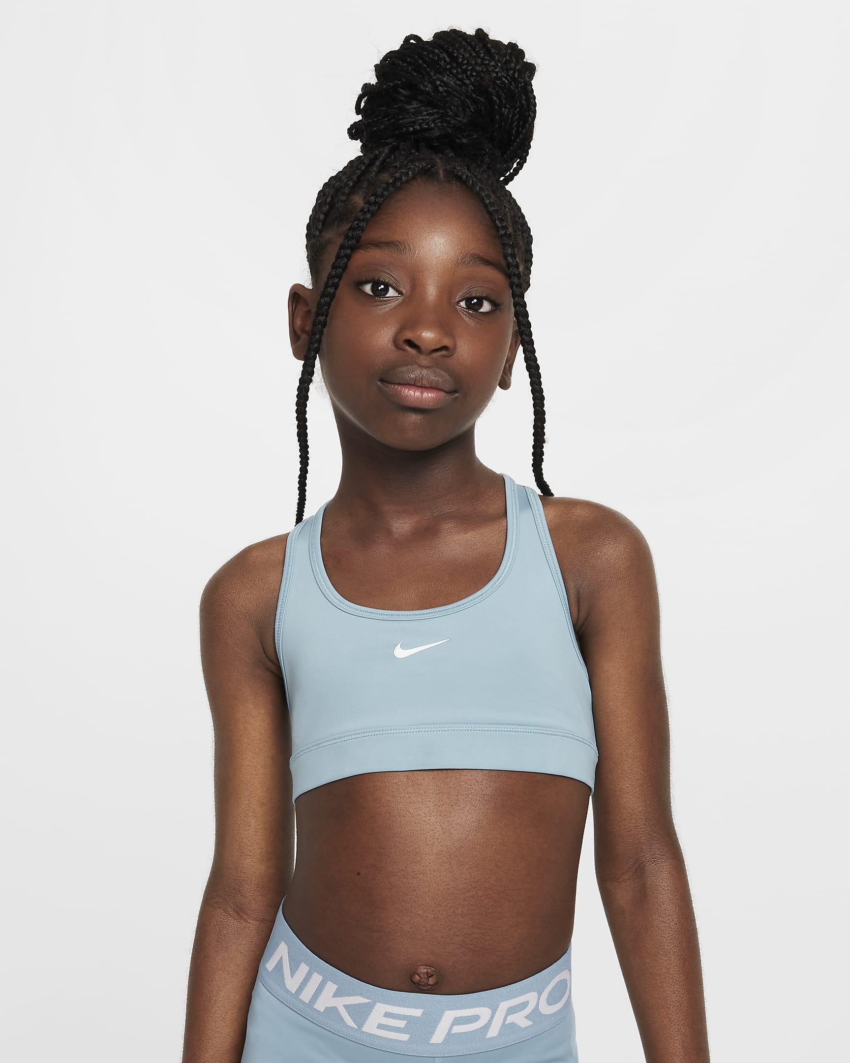 Sportovní podprsenka Nike Swoosh pro větší děti (dívky) - Denim Turquoise/Bílá