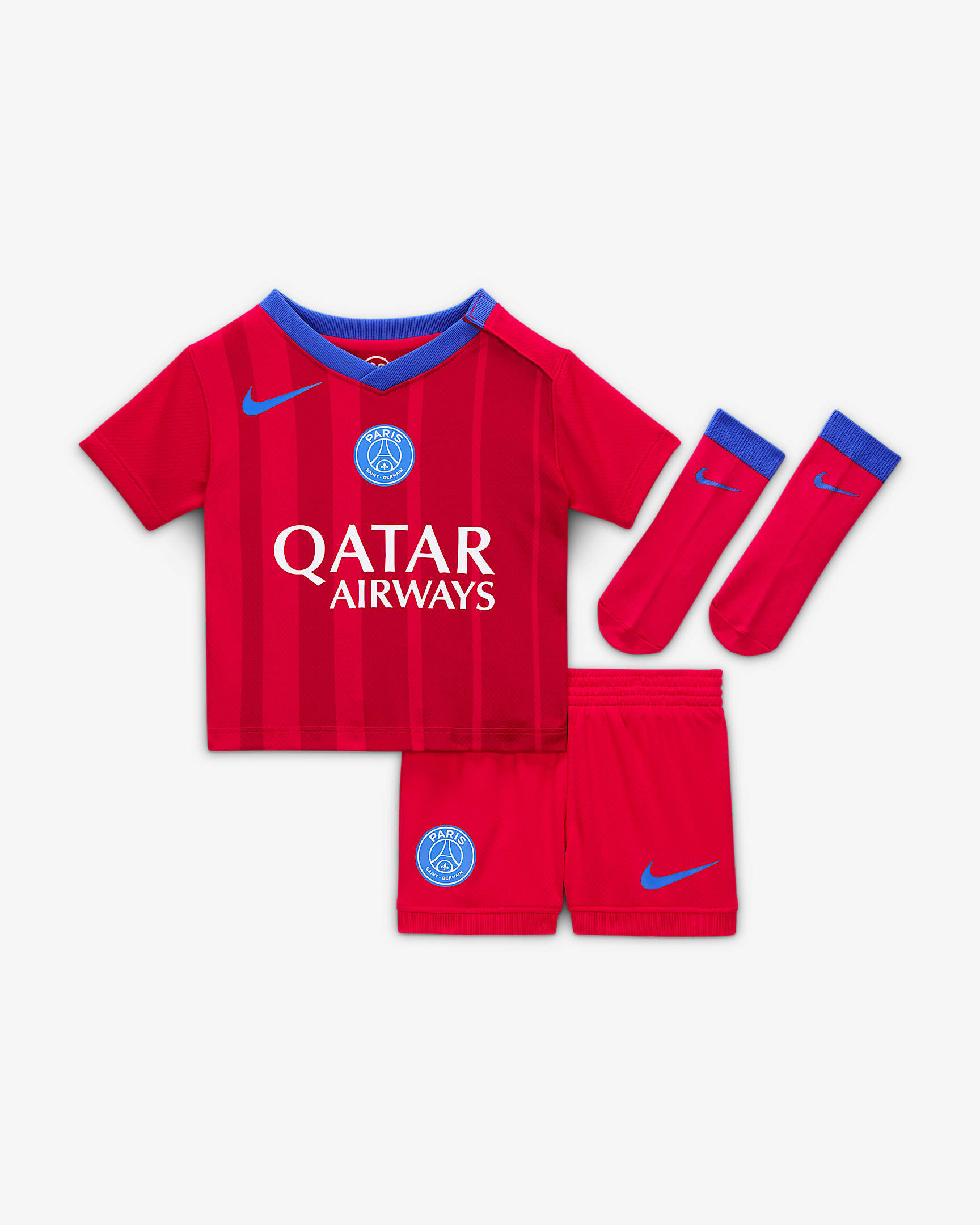Paris Saint-Germain 2025/26 Stadyum Üçüncü Nike Total 90 3 Parça Bebek Futbol Taraftar Forması - Global Red/Sport Red/Hyper Royal