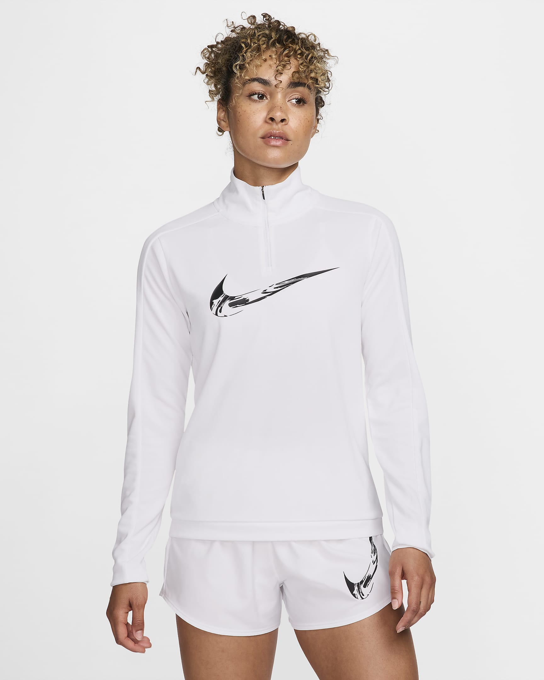 Mellanlager för löpning Nike Swoosh Dri-FIT med dragkedja i kvartslängd för kvinnor - Vit/Svart