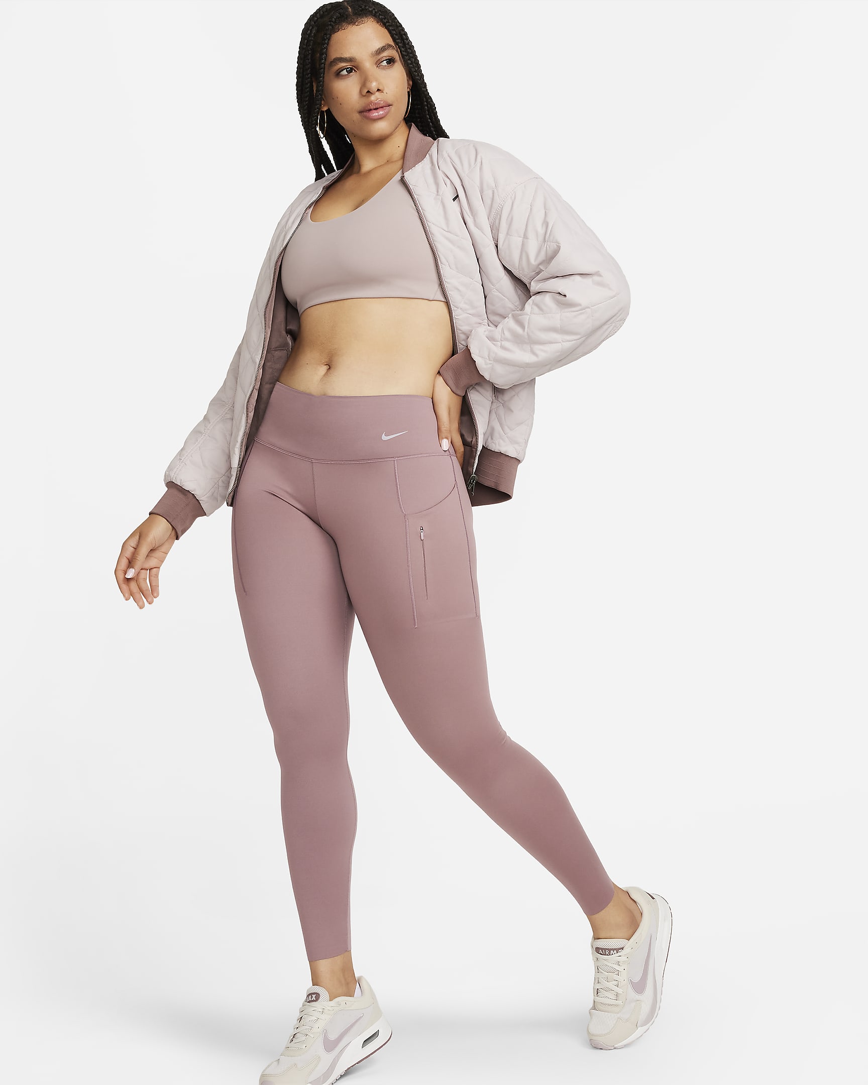 Nike Go Lange legging met halfhoge taille, complete ondersteuning en zakken voor dames - Smokey Mauve/Zwart