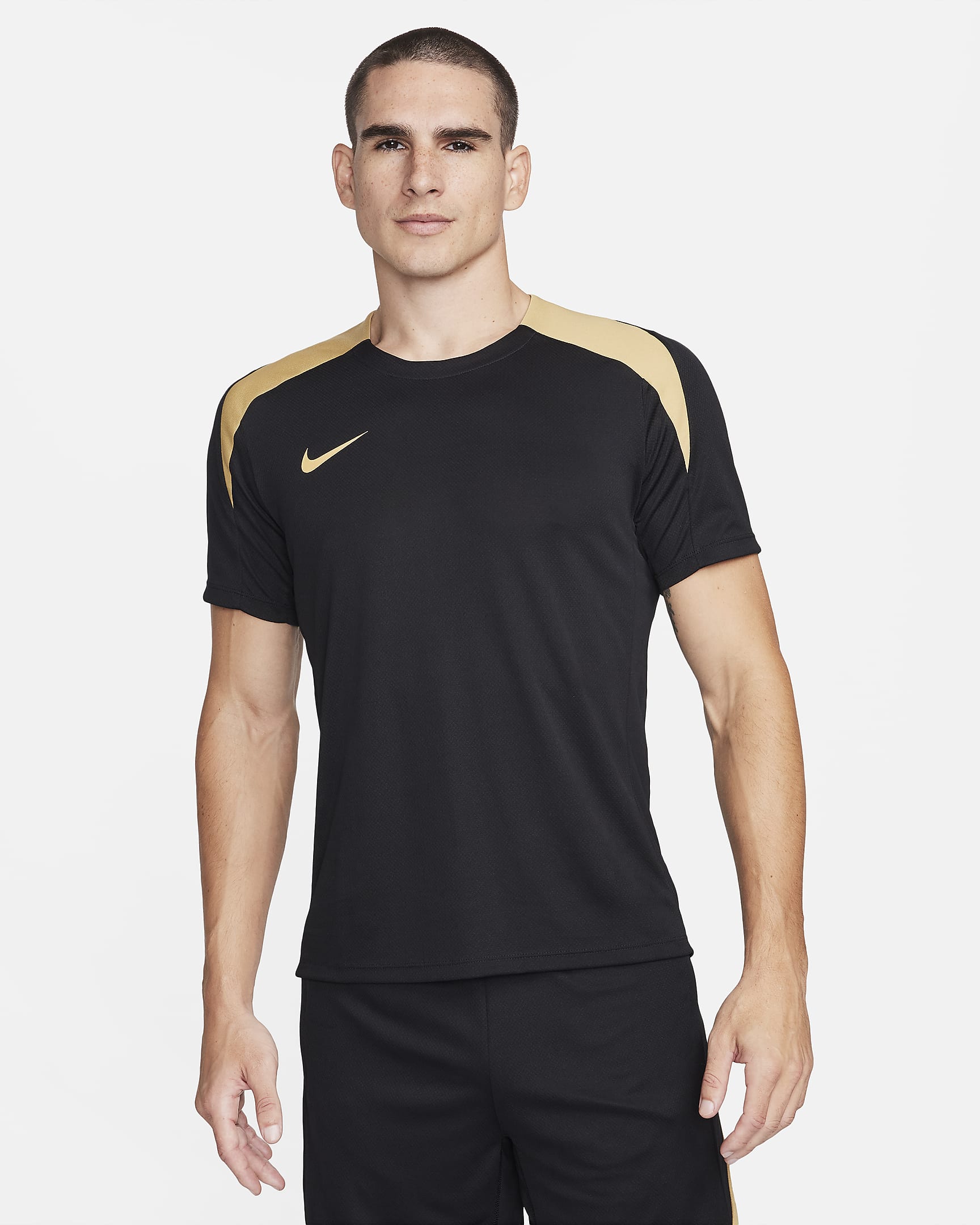 Nike Strike Dri-FIT kortermet fotballoverdel til herre - Svart/Svart/Jersey Gold/Metallic Gold