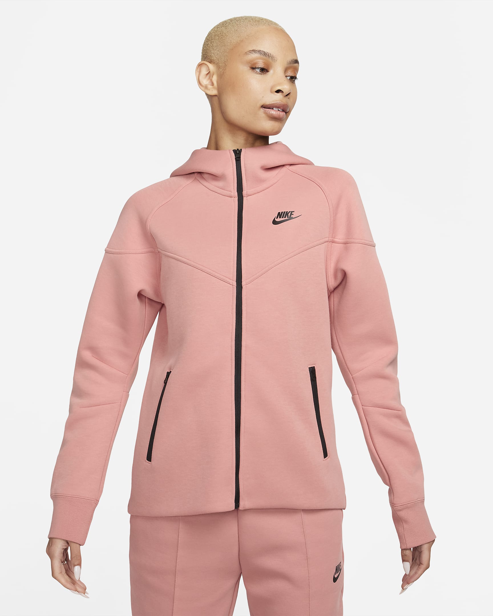 Nike Sportswear Tech Fleece Windrunner–hættetrøje med lynlås til kvinder - Red Stardust/sort