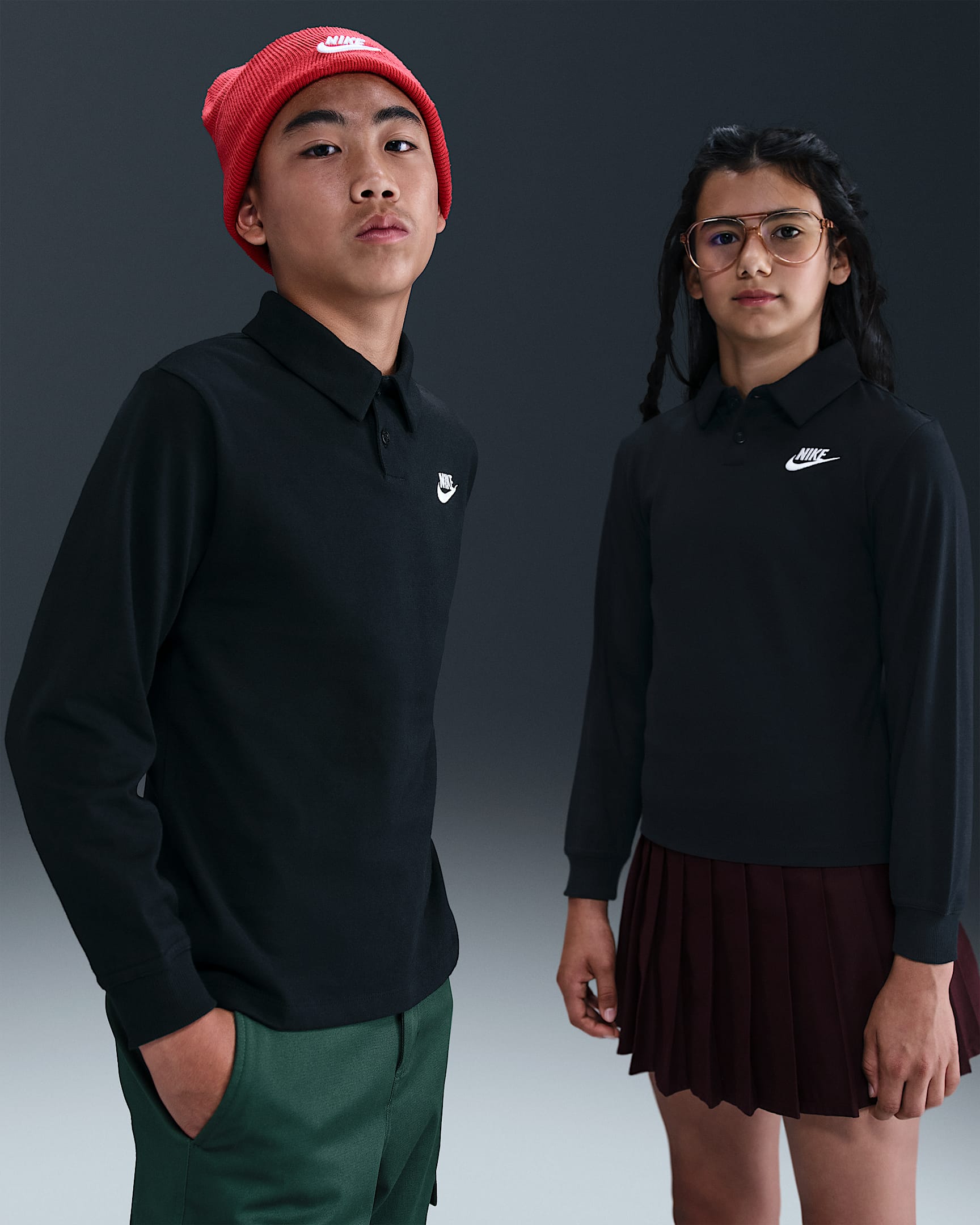 Nike Sportswear Club Big Kids' Knit Long-Sleeve Polo - Black/Black/White