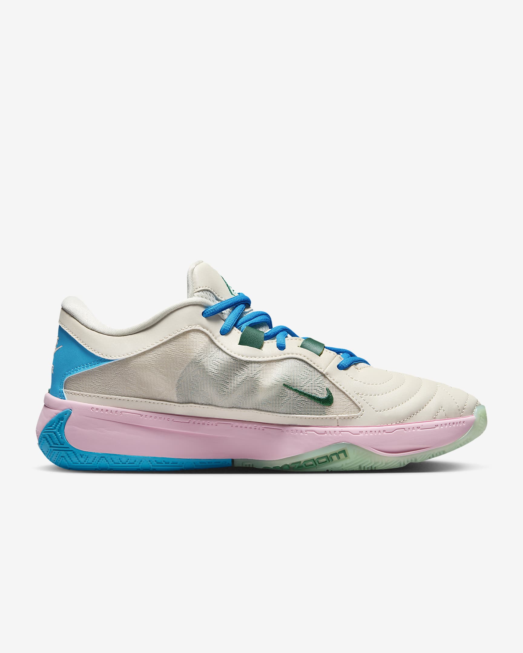 Tenis de básquetbol Giannis Freak 5 - Marrón verdoso claro/Rosa suave medio/Azul relámpago/Esmeralda creciente