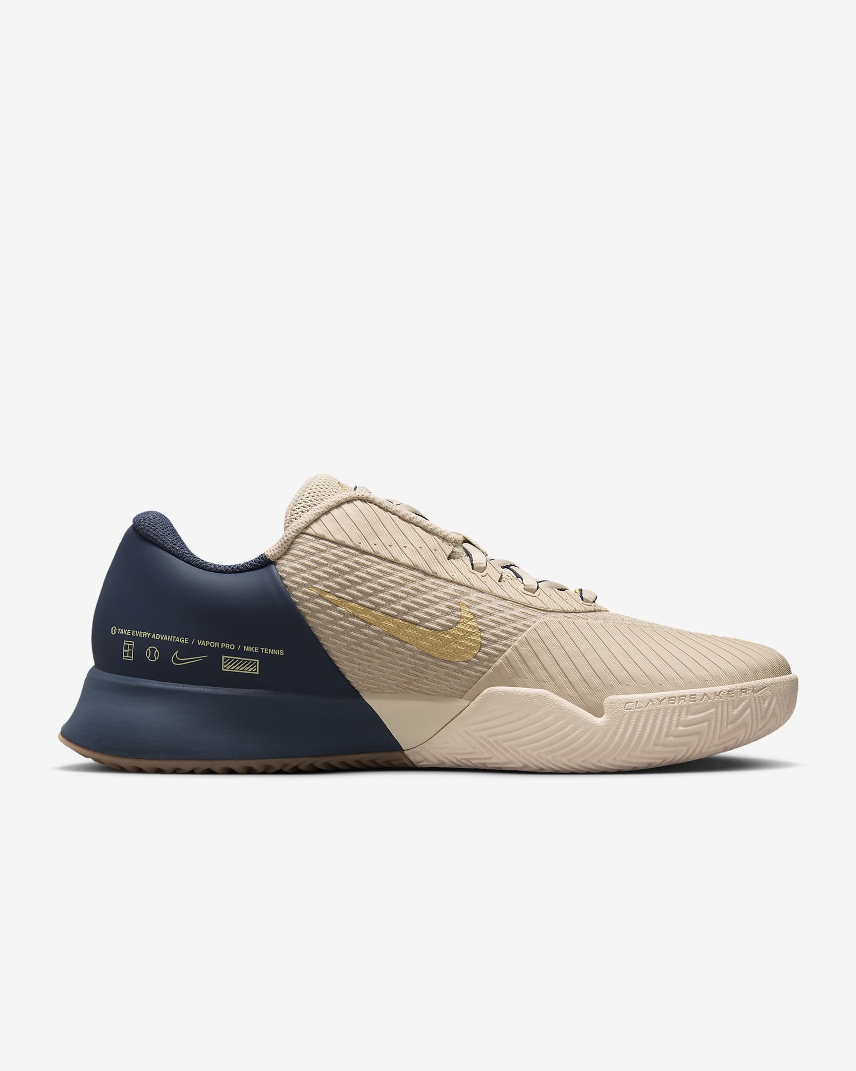 Chaussure de tennis pour terre battue Nike Air Zoom Vapor Pro 2 Premium pour homme - Sanddrift/Thunder Blue/Gum Medium Brown/Metallic Gold