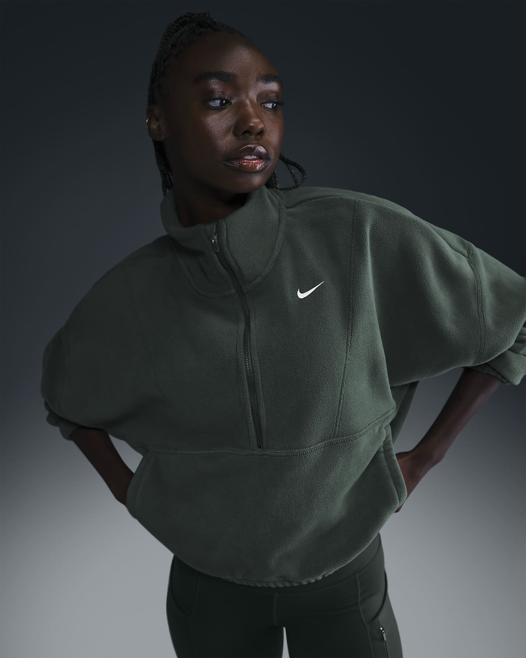 Nike One Women's Therma-FIT Oversized 1/2-Zip Fleece Top - Vintage Green/White