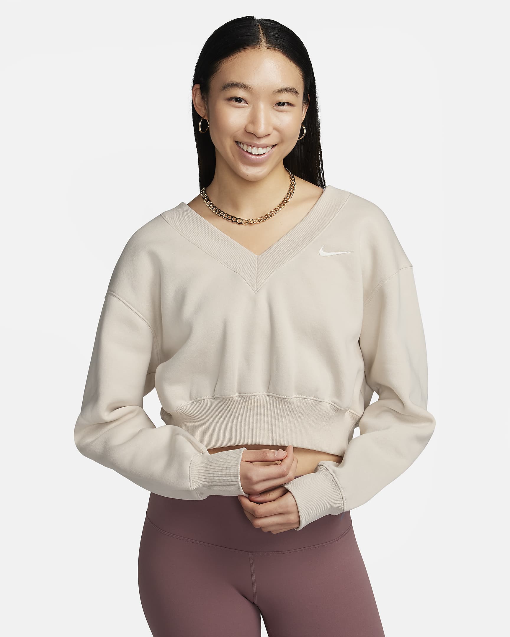 Haut court à col en V Nike Sportswear Phoenix Fleece pour femme - Light Orewood Brown/Sail