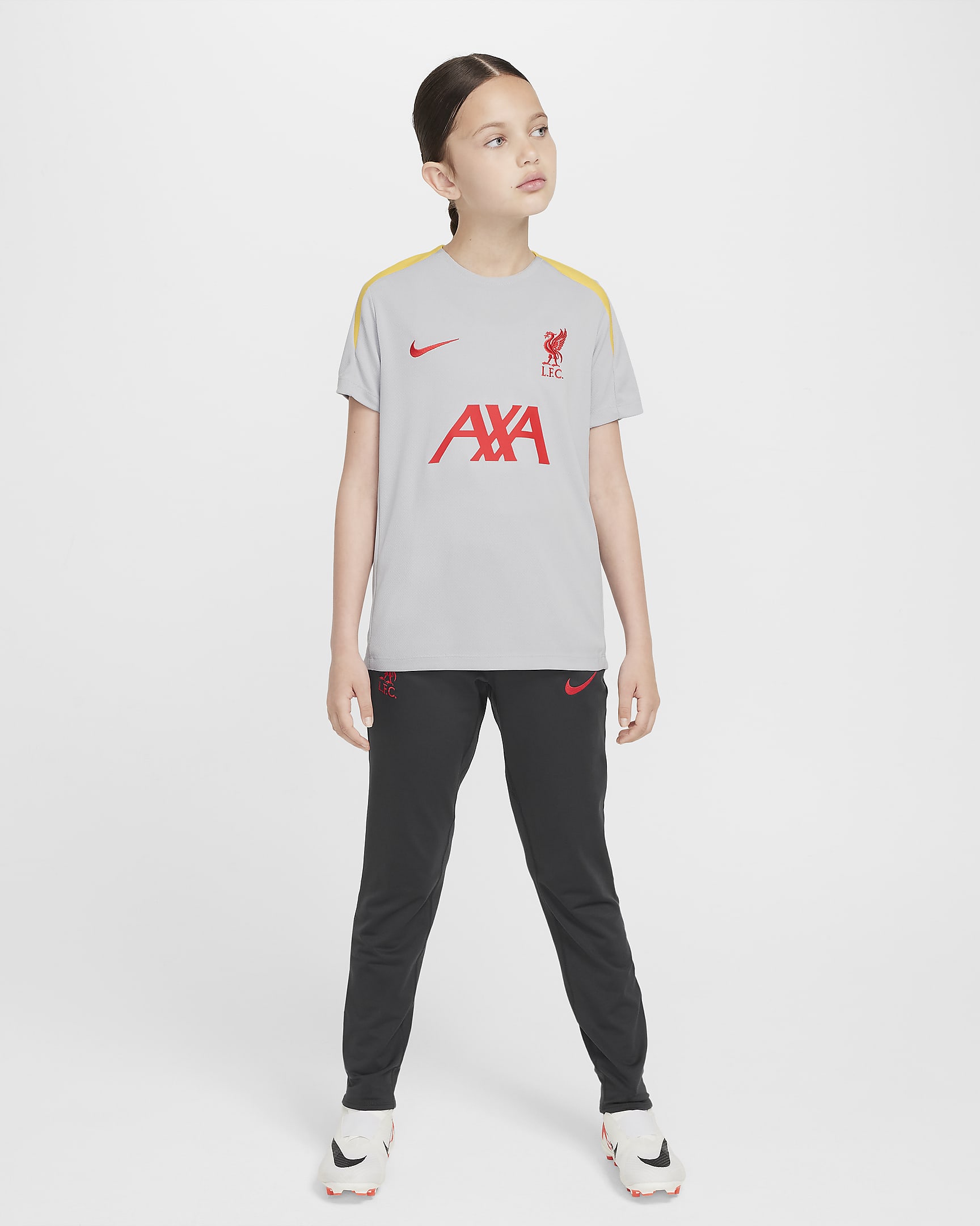 Dzianinowa koszulka piłkarska z krótkim rękawem dla dużych dzieci Nike Dri-FIT Liverpool F.C. Strike (wersja trzecia) - Light Smoke Grey/Light Smoke Grey/Chrome Yellow/Global Red