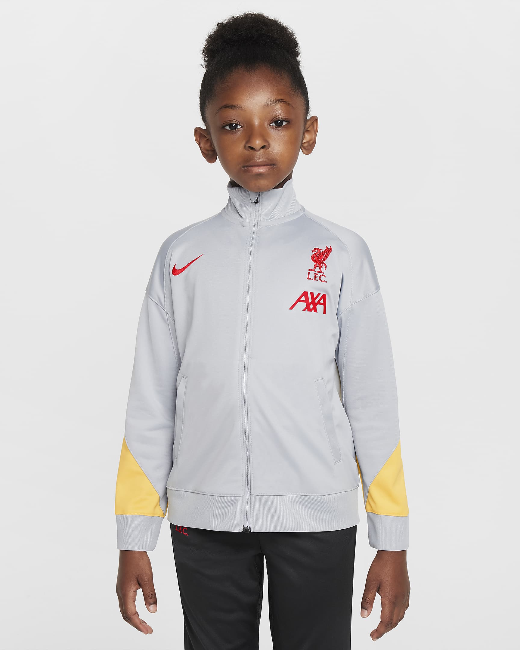 Dres piłkarski z dzianiny dla małych dzieci Nike Dri-FIT Liverpool F.C. Strike (wersja trzecia) - Light Smoke Grey/Chrome Yellow/Dark Smoke Grey/Global Red