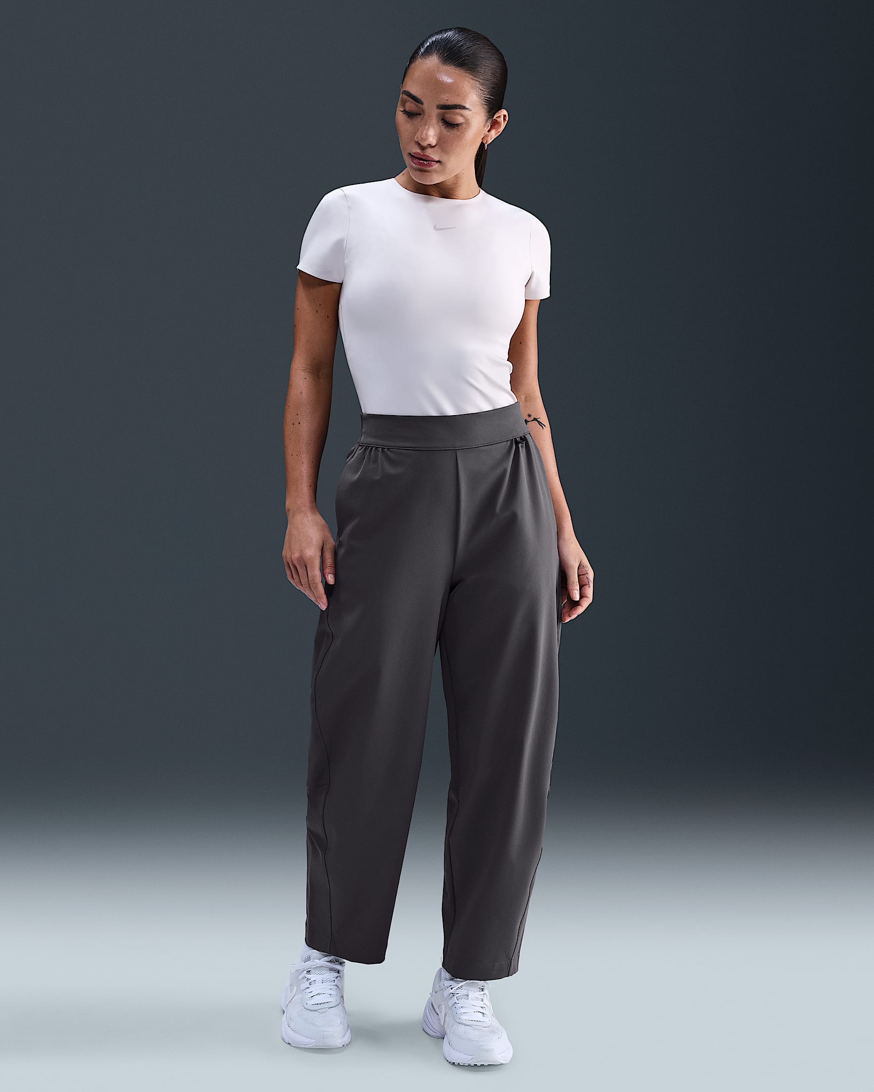Nike 24.7 PerfectStretch Women's Dri-FIT High-Waisted Loose Barrel-Leg Trousers - Thunder Grey/Dark Shadow
