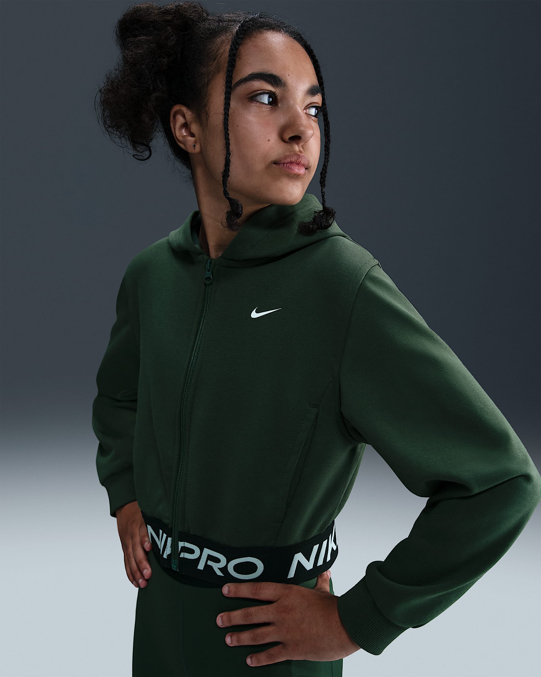 Nike Pro Fleece Big Kids' (Girls') Dri-FIT Full-Zip Hoodie - Fir/Fir/Black/White