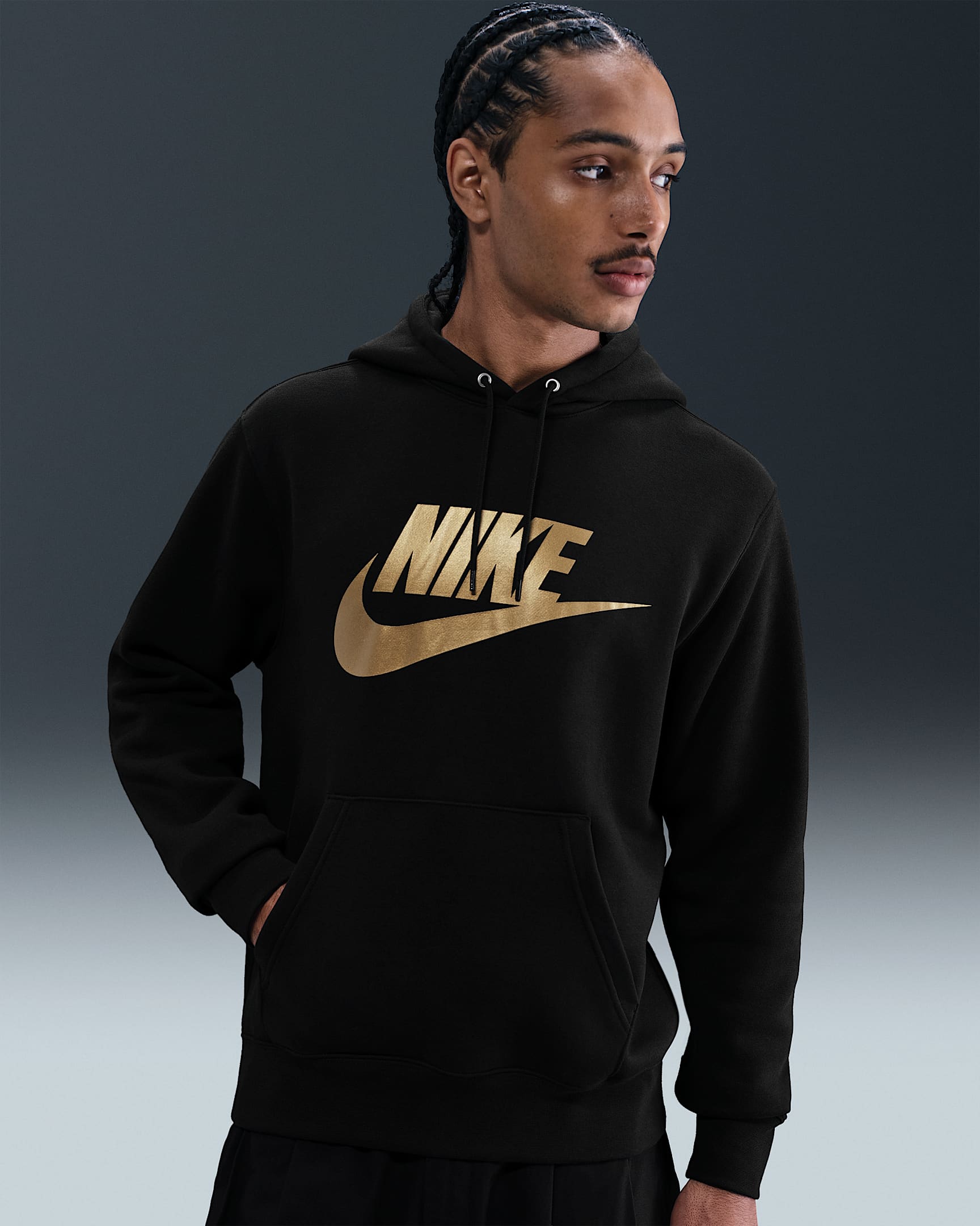 Nike Sportswear Club Men's Fleece Pullover Hoodie - Black/Black/Metallic Gold
