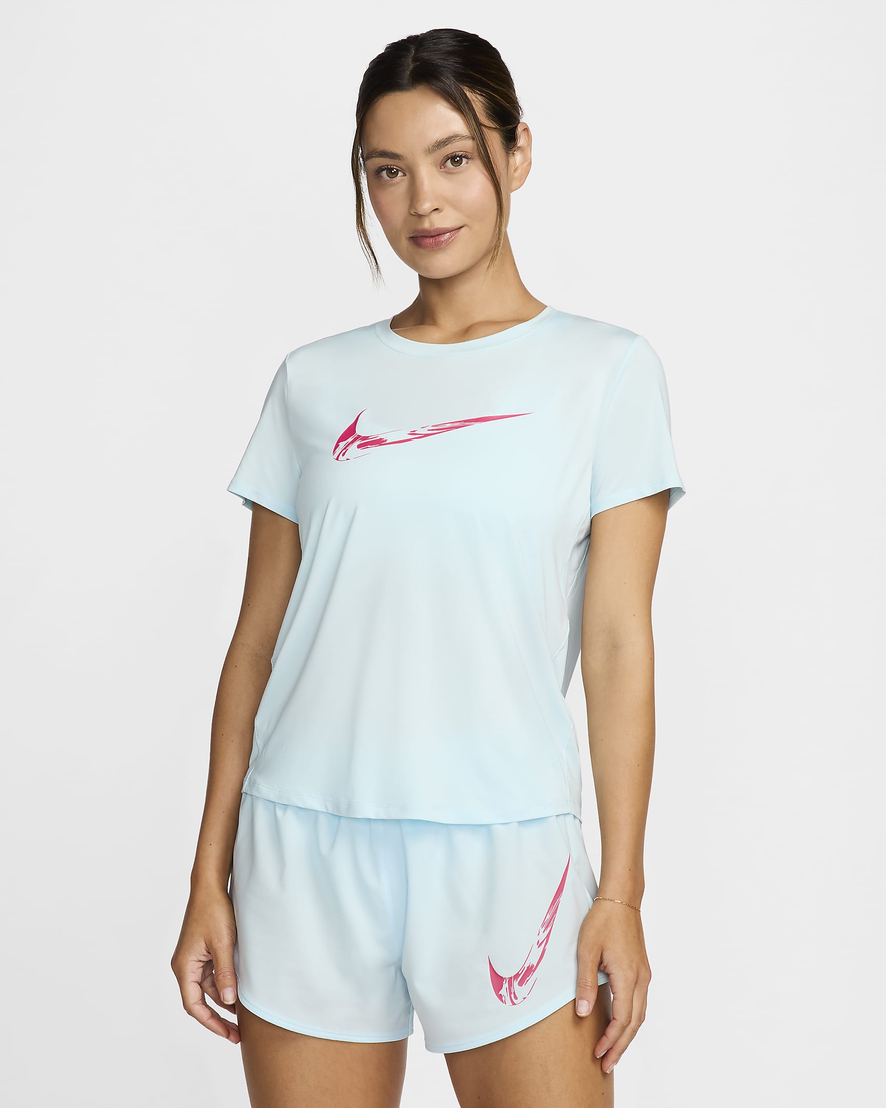 Nike One Dri-FIT hardlooptop met graphic en korte mouwen voor dames - Glacier Blue/Aster Pink