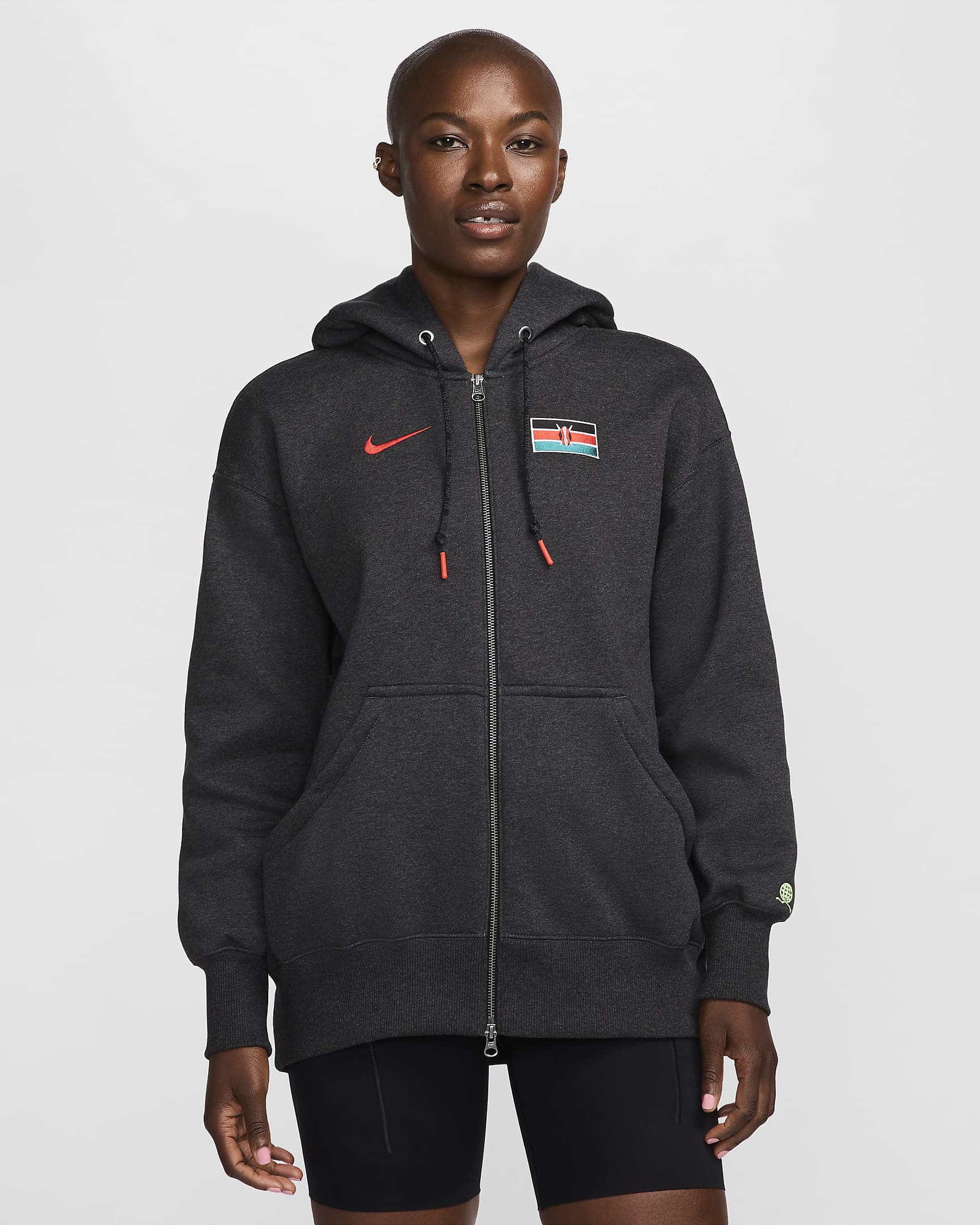 Hoodie folgado com fecho completo Nike Team Kenya Phoenix Fleece para mulher - Preto Heather/Key Lime/Preto/Vermelho Chile