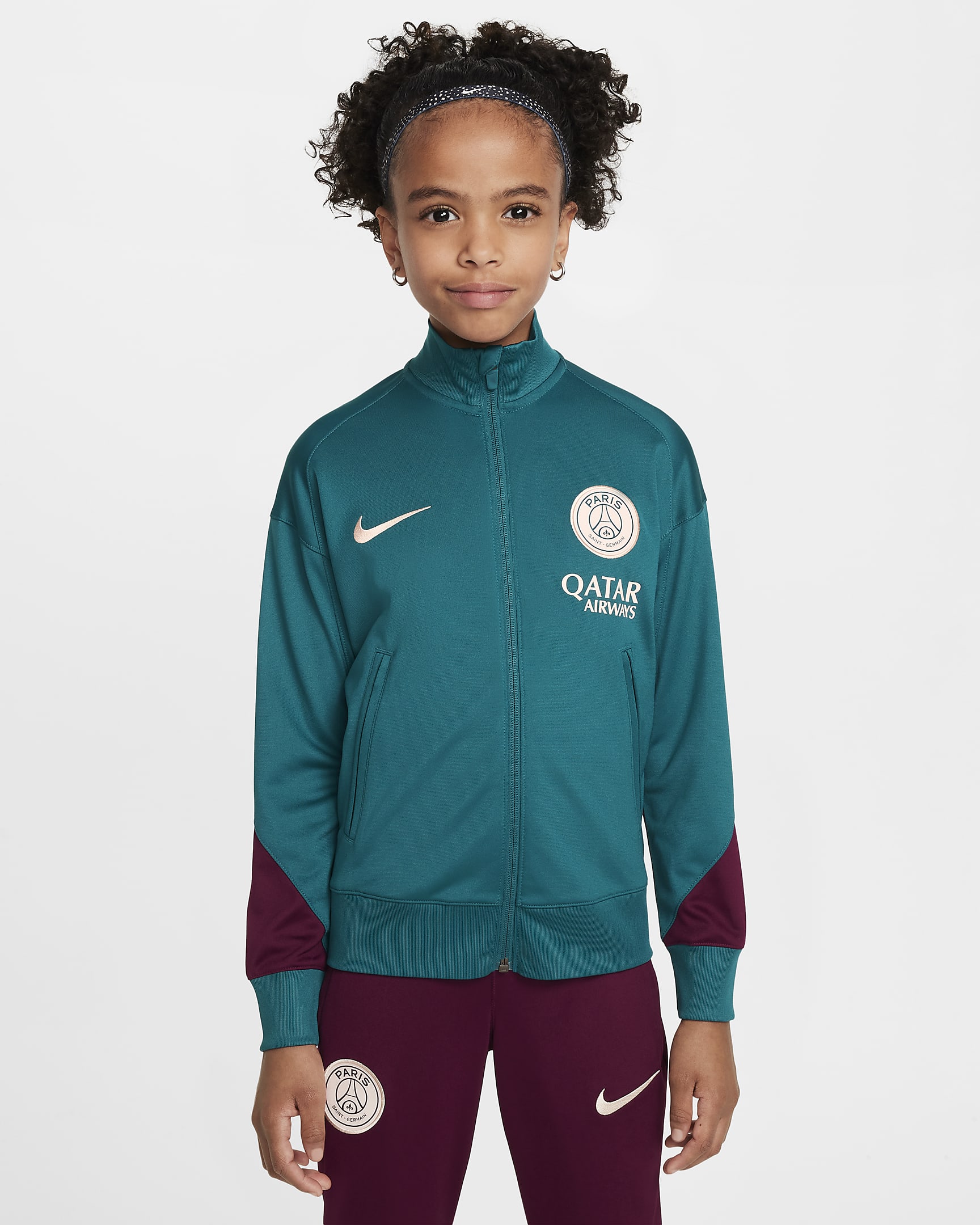 Pleteninová fotbalová tepláková souprava Nike Dri-FIT Paris Saint-Germain Strike pro větší děti - Geode Teal/Bordeaux/Guava Ice