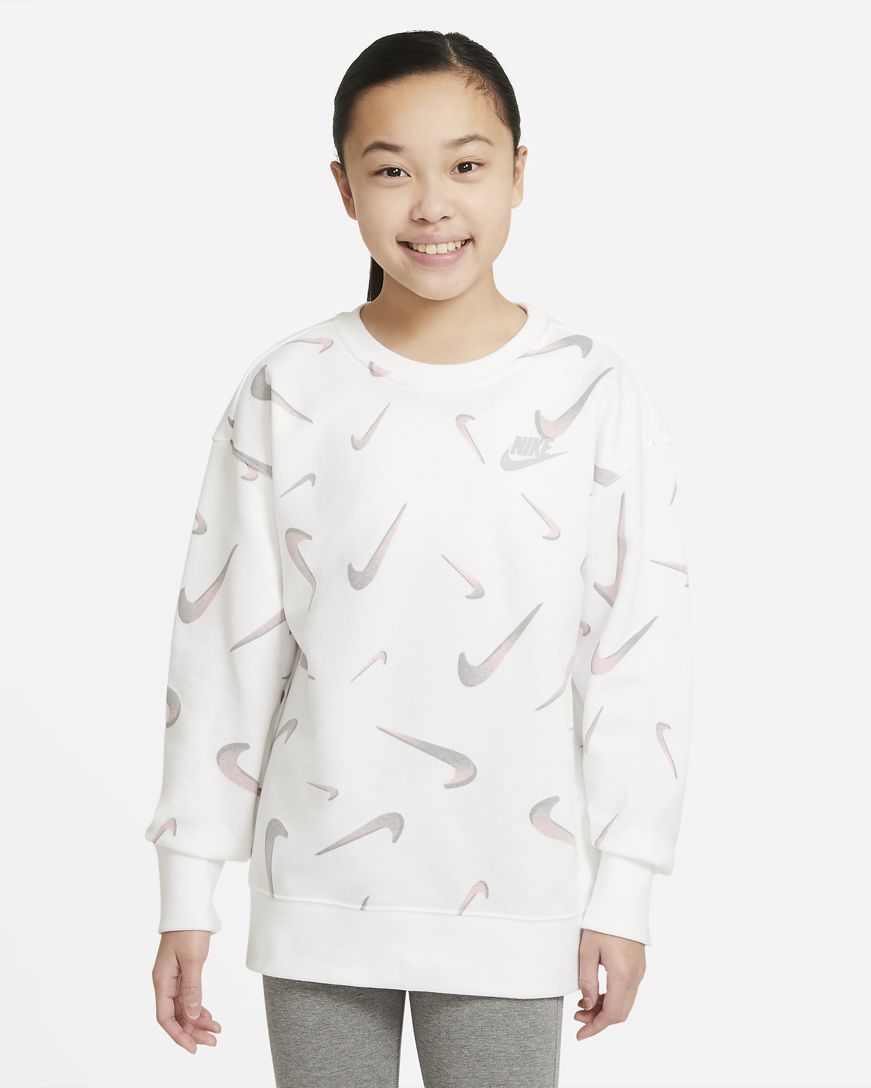 Nike Sportswear Big Kids' (Girls') French Terry Printed Crew - White/Light Smoke Grey