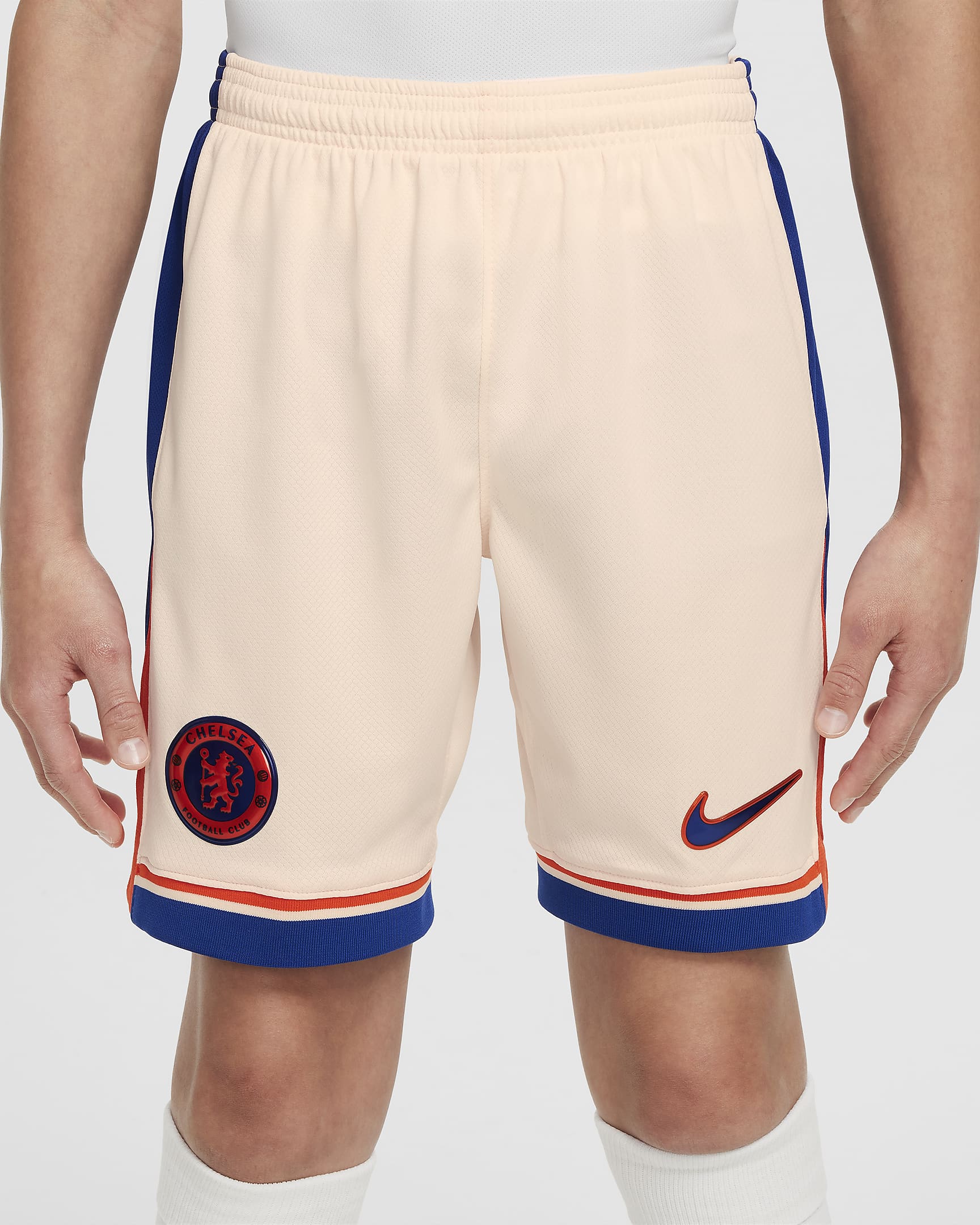 Chelsea FC 2024/25 Stadium (bortedrakt) Nike Dri-FIT Replica fotballshorts til store barn - Guava Ice/Team Orange/Rush Blue