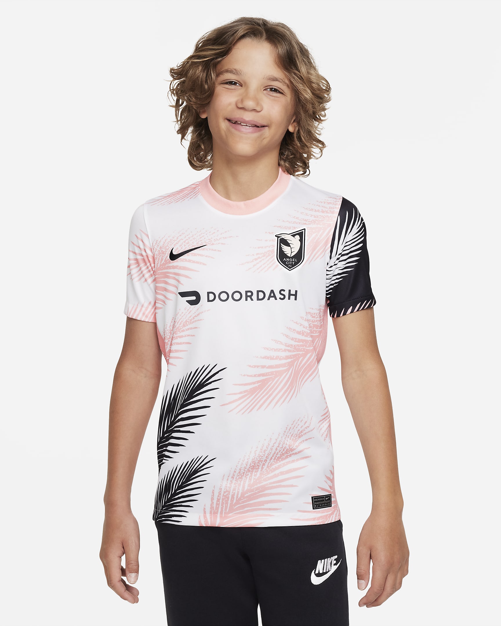 Angel City FC 2022/23 Stadium Away Big Kids' Nike Dri-FIT Soccer Jersey - White/Bleached Coral/Dark Smoke Grey/Black