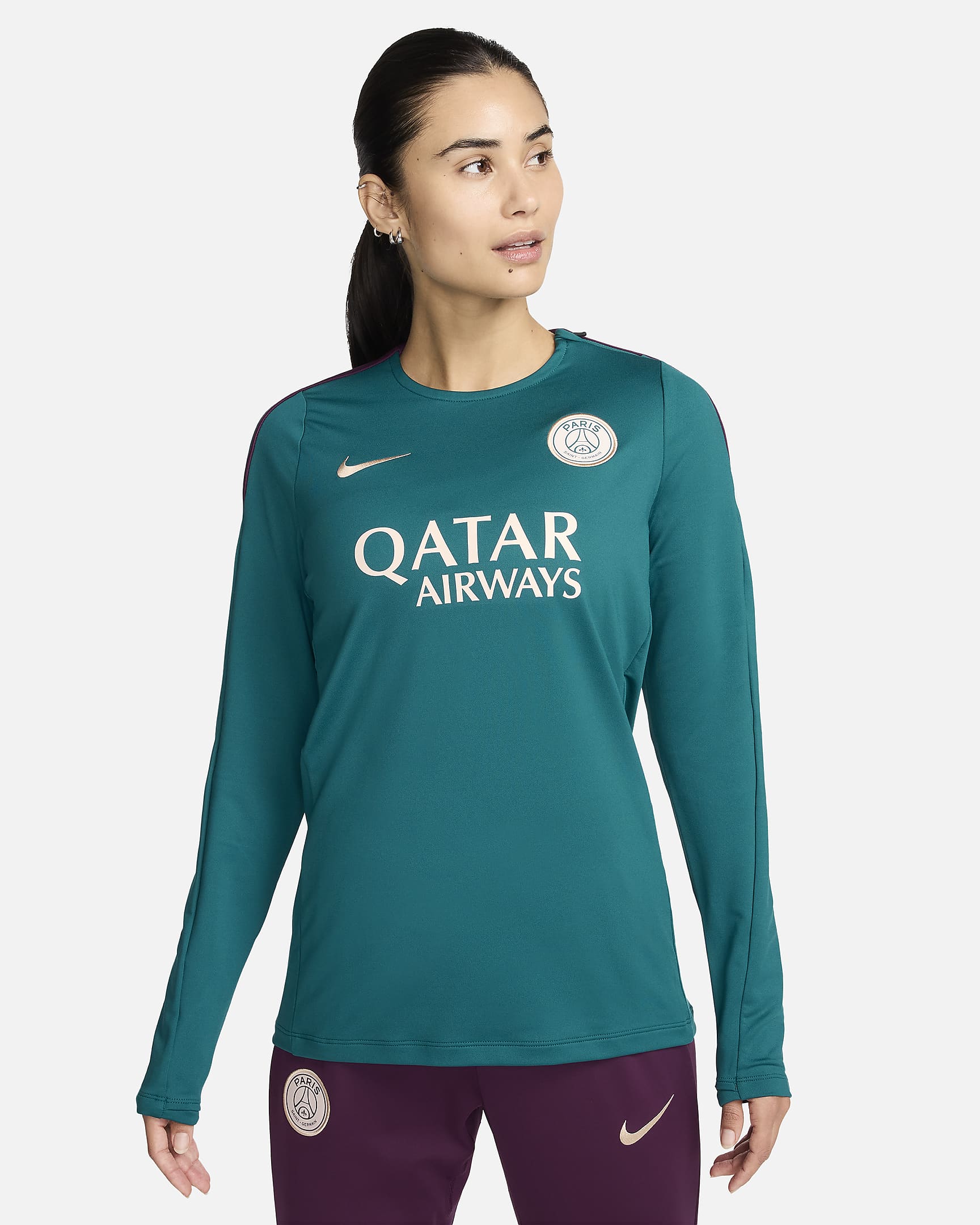 Paris Saint-Germain Strike Nike Dri-FIT-Fußball-Strickoberteil für Damen mit Rundhalsausschnitt - Geode Teal/Geode Teal/Bordeaux/Guava Ice