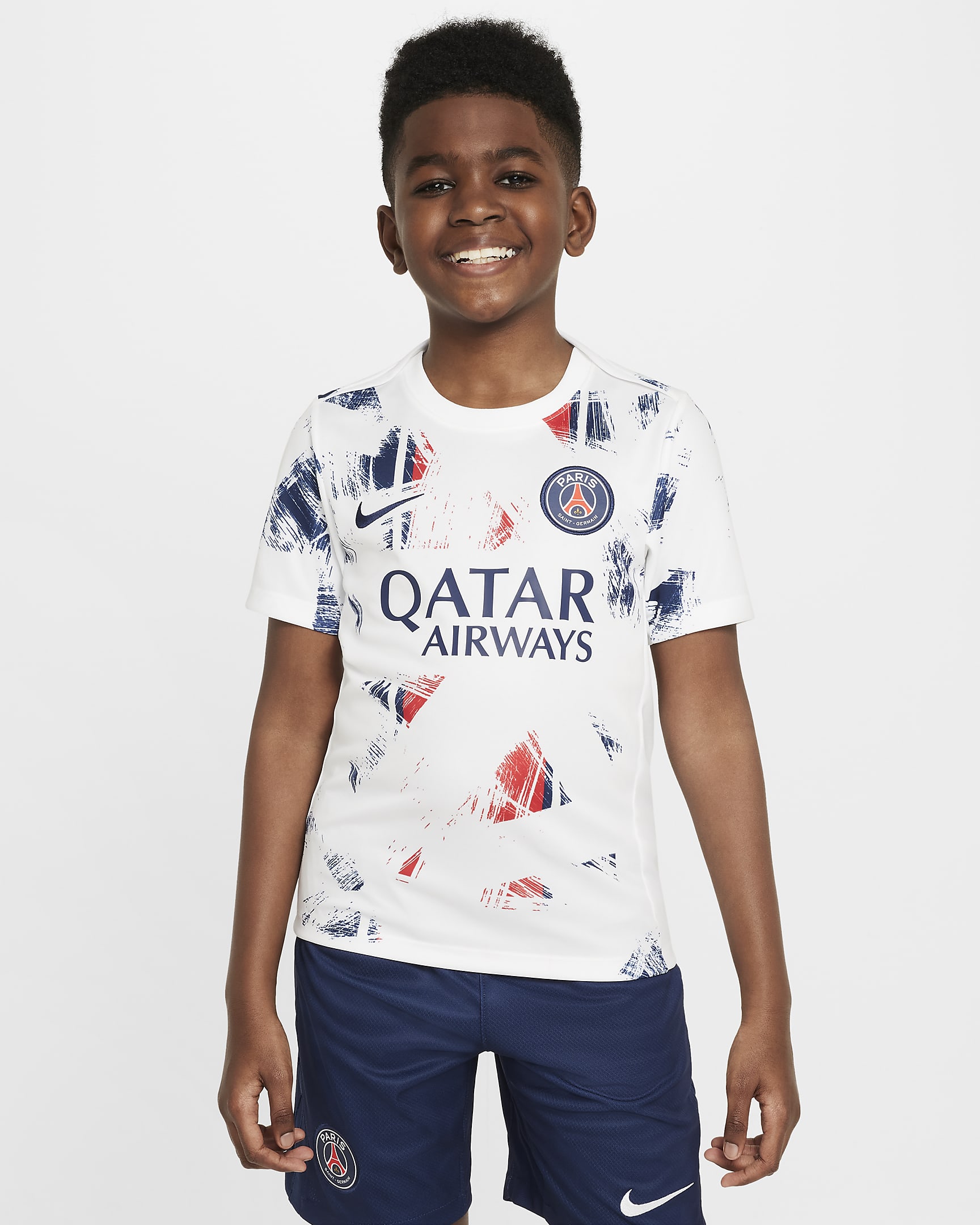 Camisola de futebol de manga curta do equipamento de aquecimento Nike Dri-FIT do equipamento principal Academy Pro Paris Saint-Germain Júnior - Branco/Midnight Navy/Midnight Navy