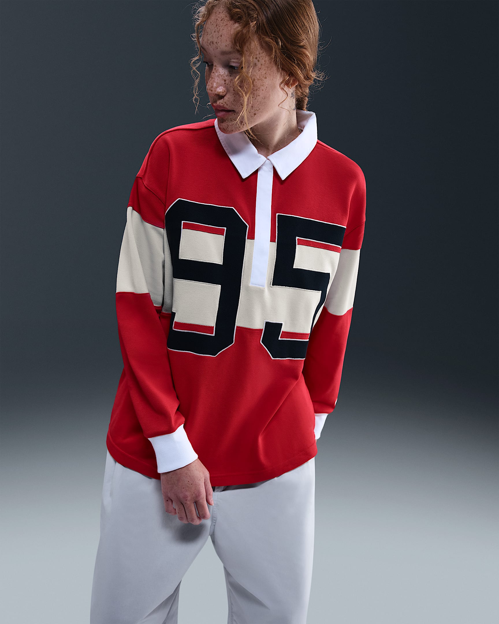 Nike Sportswear Women's Long-Sleeve Graphic Polo Top - University Red/Light Orewood Brown/White/Sail