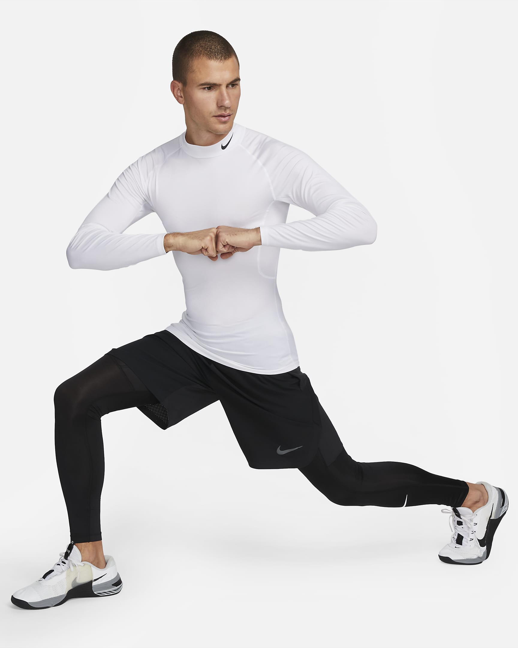 Camisola de fitness de manga comprida com gola junto ao pescoço Dri-FIT Nike Pro para homem - Branco/Preto