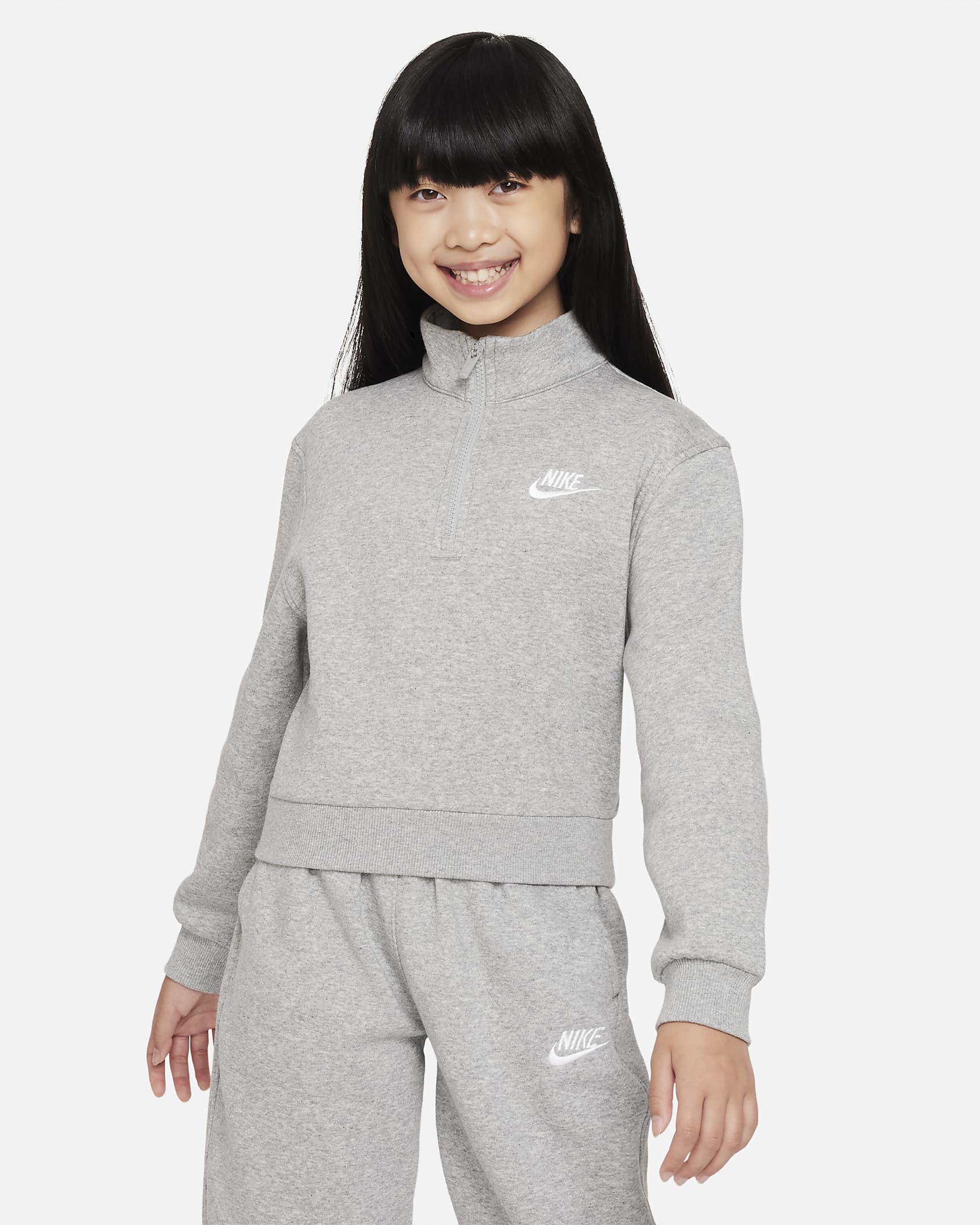 Nike Sportswear Club Fleece Big Kids' (Girls') 1/2-Zip Long-Sleeve Top - Dark Grey Heather/White